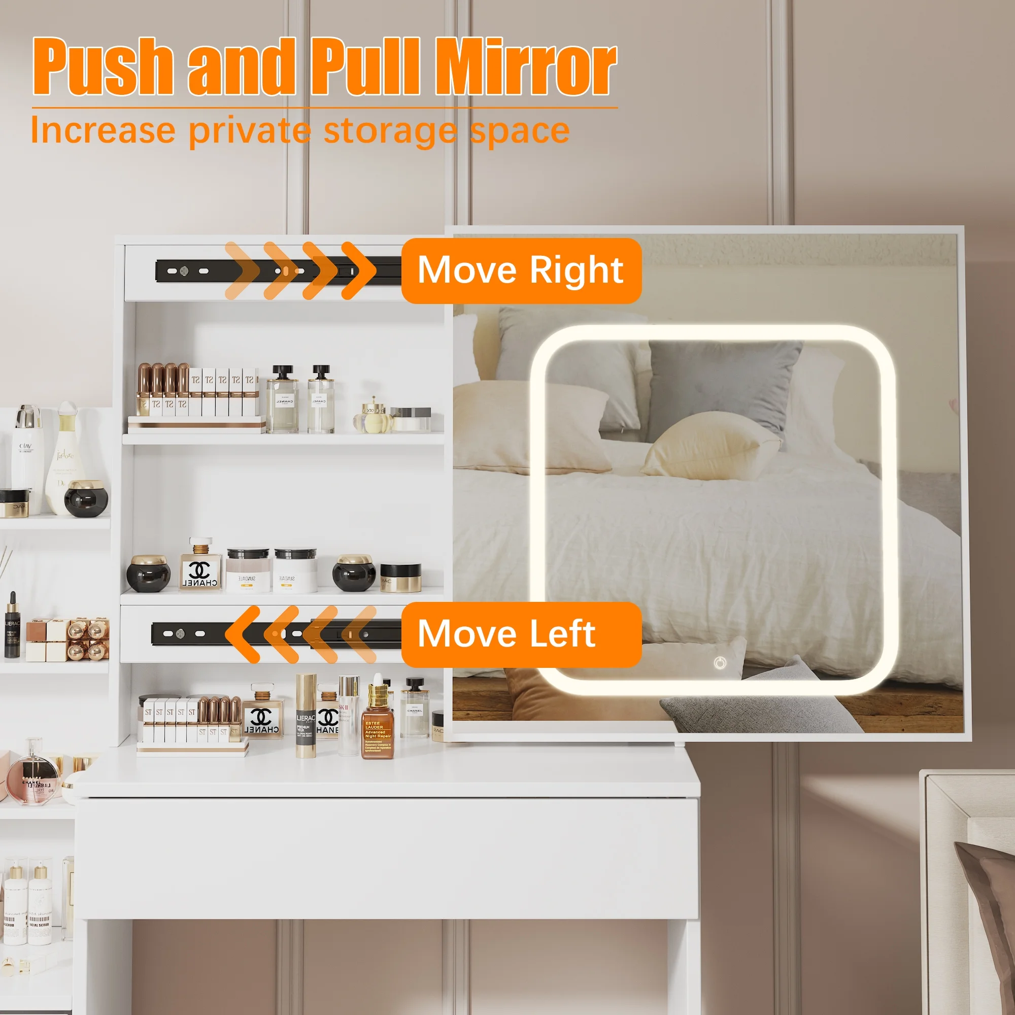 Vanity Desk with Sliding Mirror and Lights, Makeup Vanity Set with 4 Drawers, Stool, Power Outlet, Open Shelves, 3 Color Adjustable Lighting Modes, Makeup Dressing Table for Bedroom, White(White) - Image 4