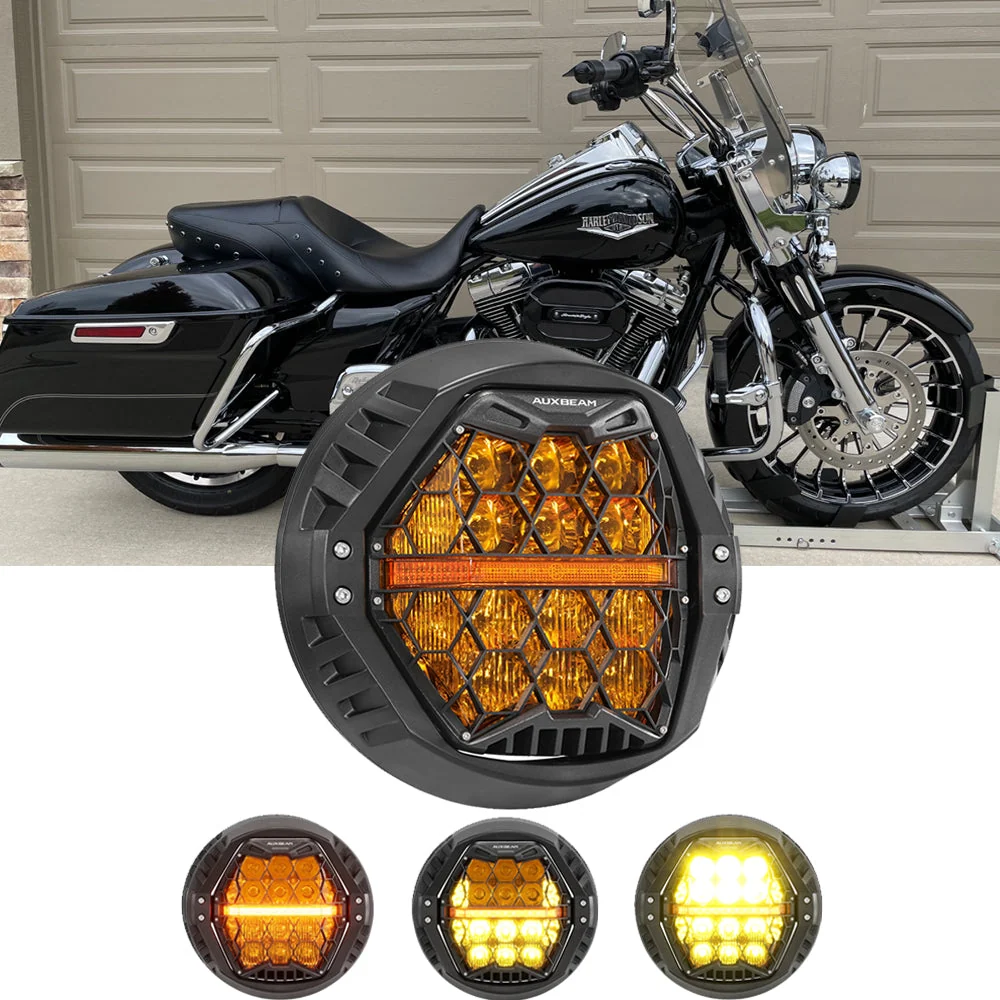 7 Inch 120W DOT Motorcycle LED Headlight Assembly with Amber DRL & Honeycomb Design (Hi/Lo Beam) for 1995-2014 Road King FLHR