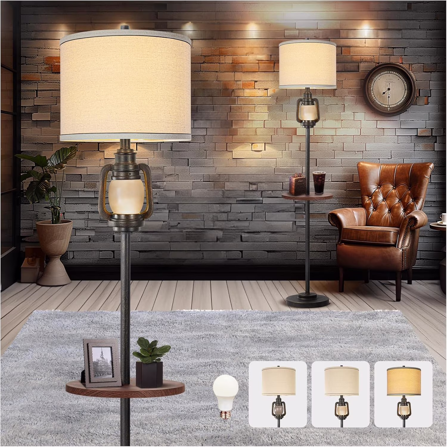 Farmhouse Metal Tray Floor Lamp For Living Room With Nightlight Vintage Tall Lamp With Linen Fabric Shade Industrial Standing Lamp For Bedroom Office Home House Study (Bulb Included)(Bronze-With Tray) - Image 3