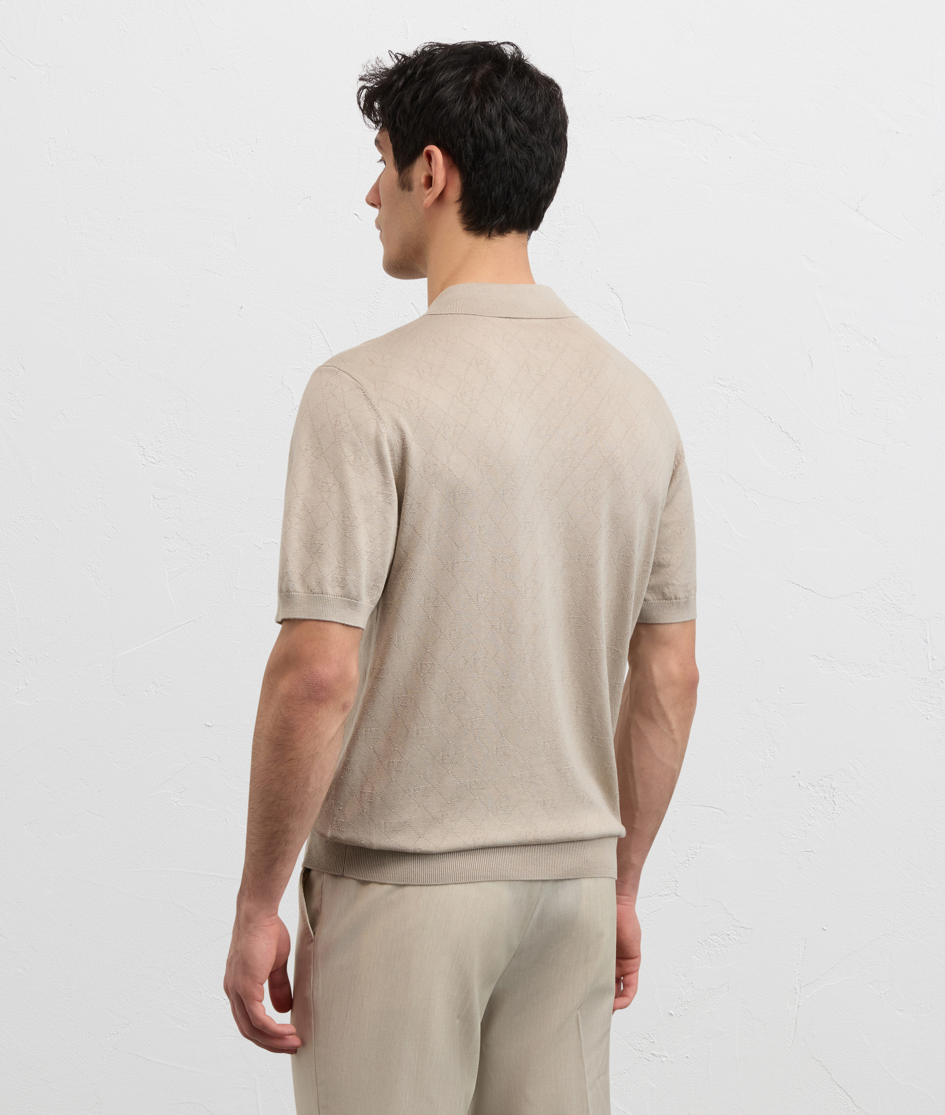 LIGHT BROWN JACQUARD SILK AND COTTON KNITTED SHORT SLEEVED POLO SHIRT