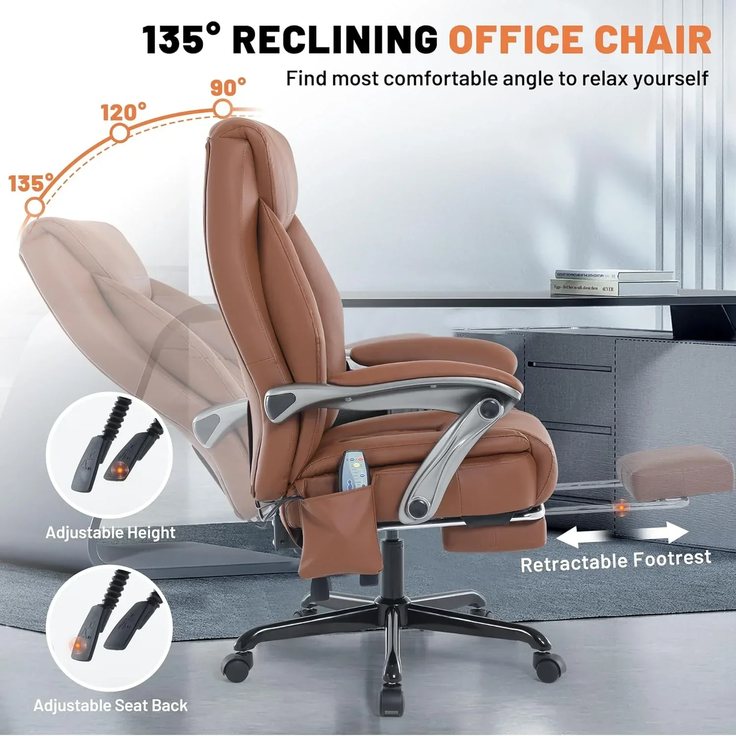 Fauteuil de bureau massant avec chauffage et repose-pieds, fauteuil de bureau ergonomique inclinable de direction