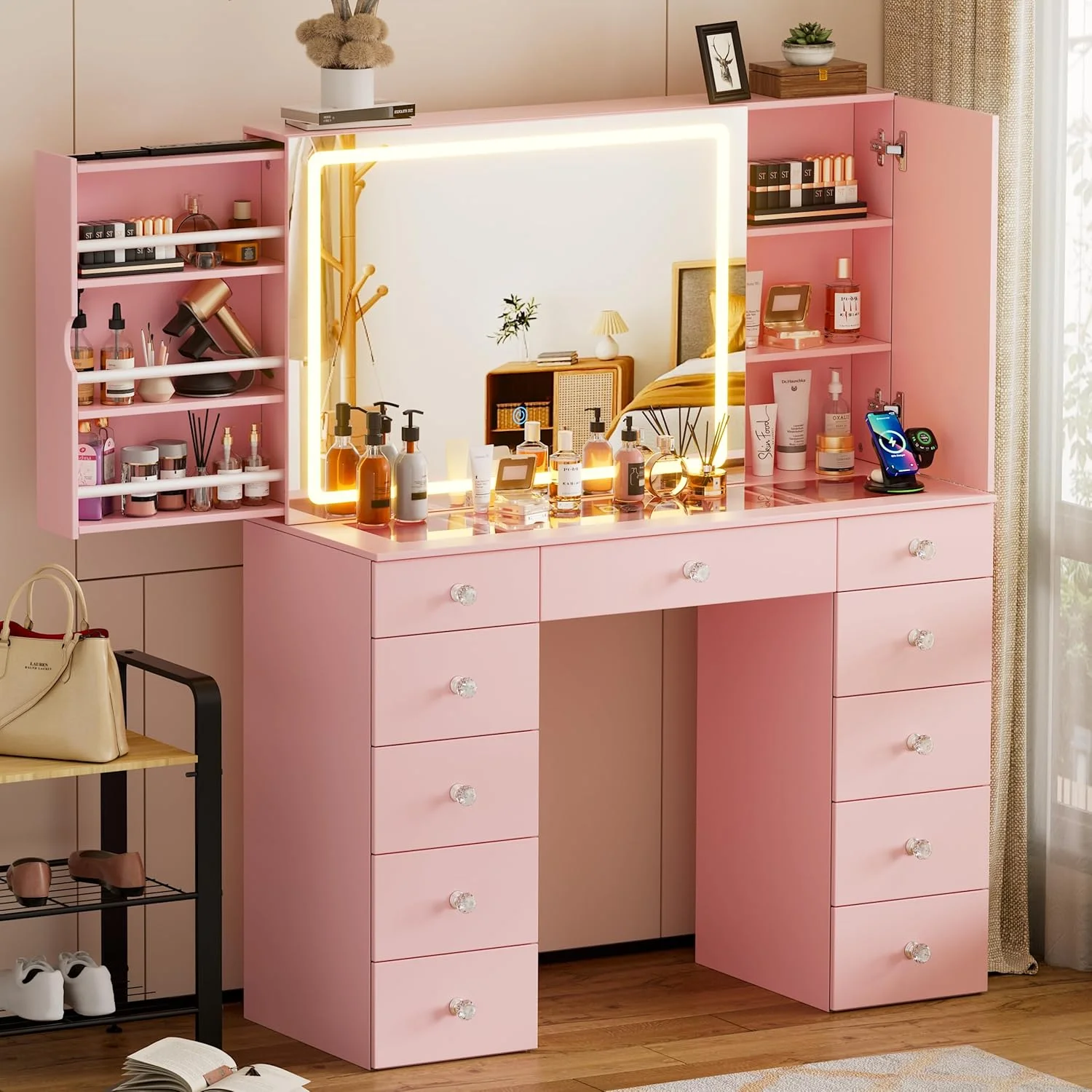 Vanity Set with Lighted Mirror, Large Vanity Desk with Charging Station, Makeup Vanity Table with 11 Drawers Hidden Sliding Storage Cabinet Visible Glass Tabletop for Bedroom (White)(Pink) - Image 7