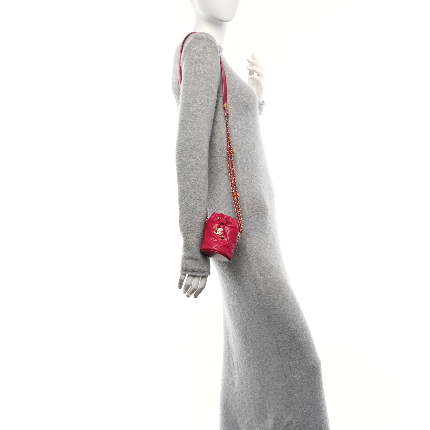 Caviar Quilted Twist Your Buttons Mini Bucket Bag Fuchsia