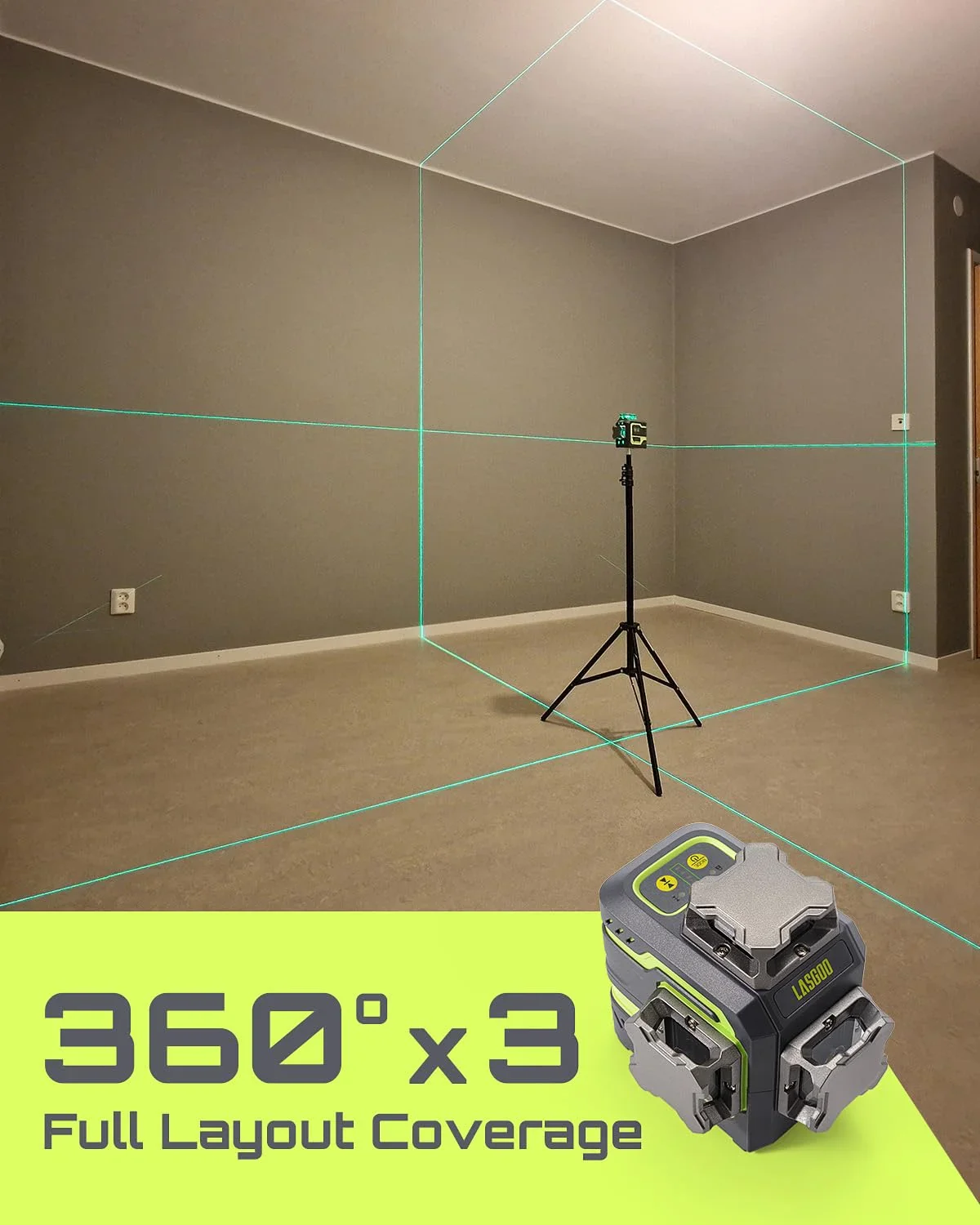 Laser Level 3x360�� LASGOO with Remote Control, 2 Rechargeable Batteries, 100FT Range, 360�� Magnetic Rotating Stand, IP54, 3Ds