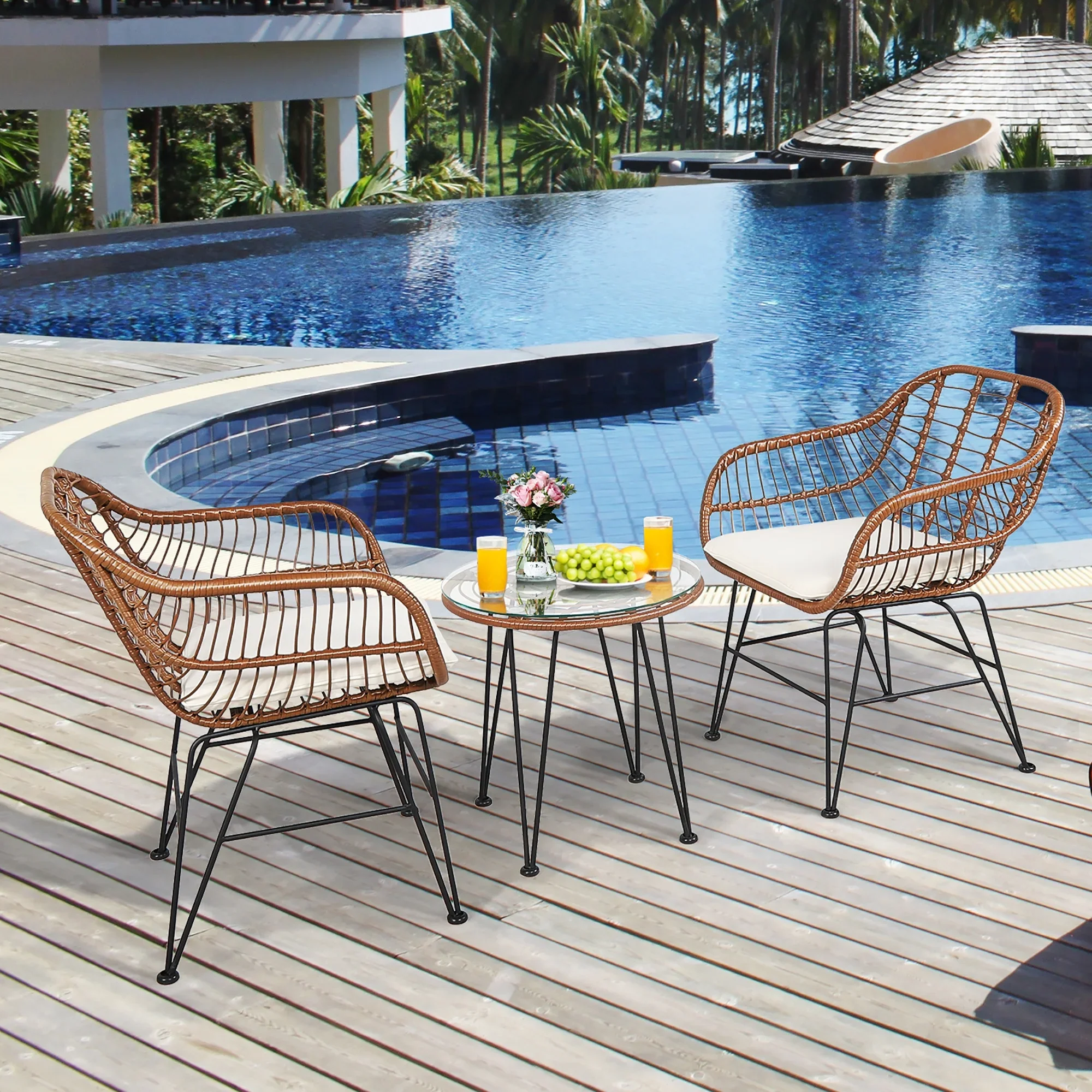 Costway 3PCS Patio Rattan Bistro Set Coffee Table Armchair Garden Red Cushion