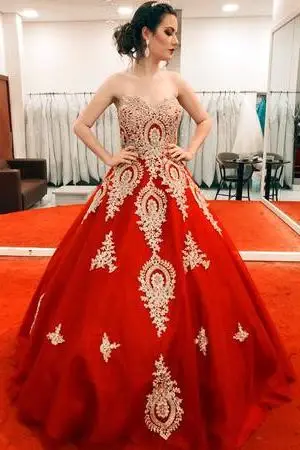 Gold Lace Appliques Sweetheart Ball Gown Prom Dress Sweet 16 Dress Quinceanera Dresses DMI59