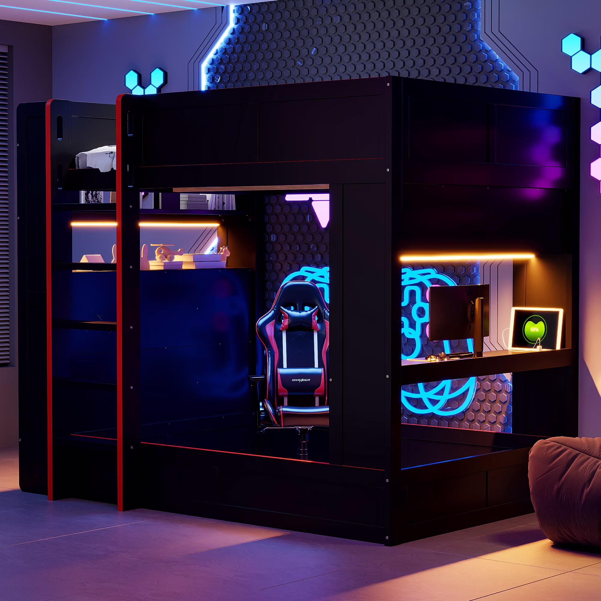 Wood Full Size Loft Bed with Desk and Shelves, Gaming Bunk Bed with LED Light and USB Charging, Black(Black)