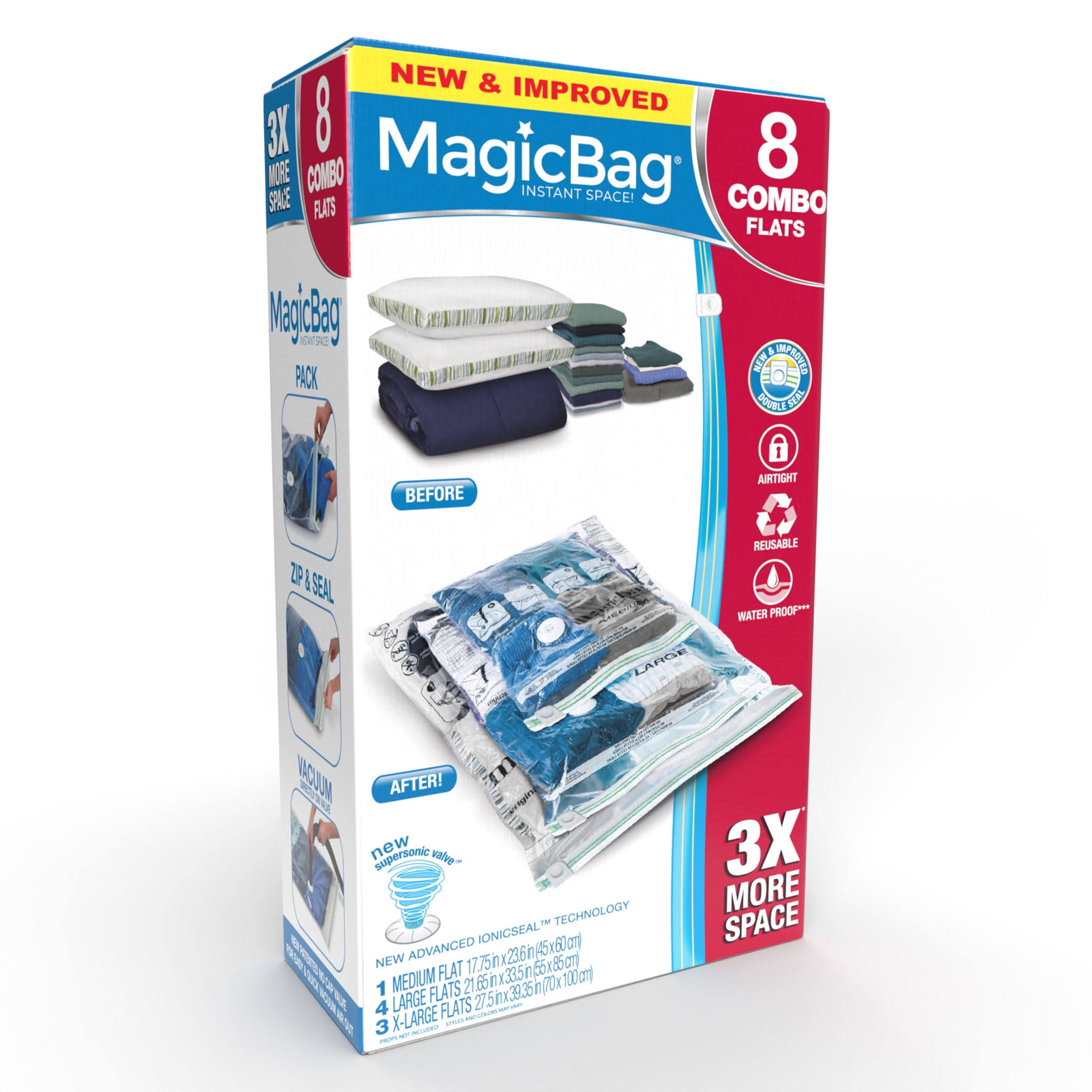 MagicBag Original Flat Instant Space Saver Storage - Double Zipper - 8-Pack Combo, Clear