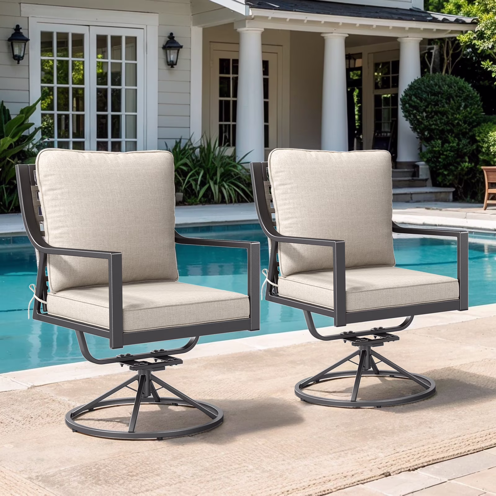 Swivel Rocker Patio Chairs Set of 4, Outdoor PE Wicker Dining Chairs with Beige Olefin Cushions and Gray Metal Frame, 360�� Swivel Rocking Motion for Garden Deck Porch(4 Pack) - Image 3