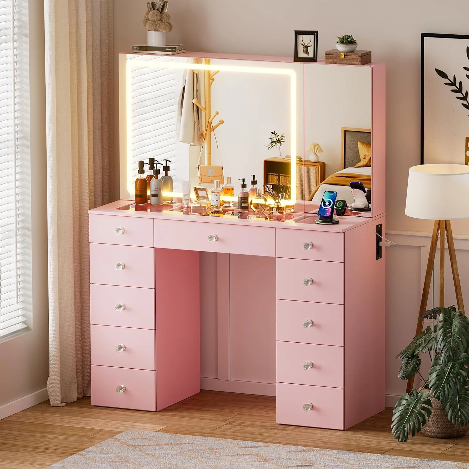 Vanity Set with Lighted Mirror, Large Vanity Desk with Charging Station, Makeup Vanity Table with 11 Drawers Hidden Sliding Storage Cabinet Visible Glass Tabletop for Bedroom (White)(Pink) - Image 6