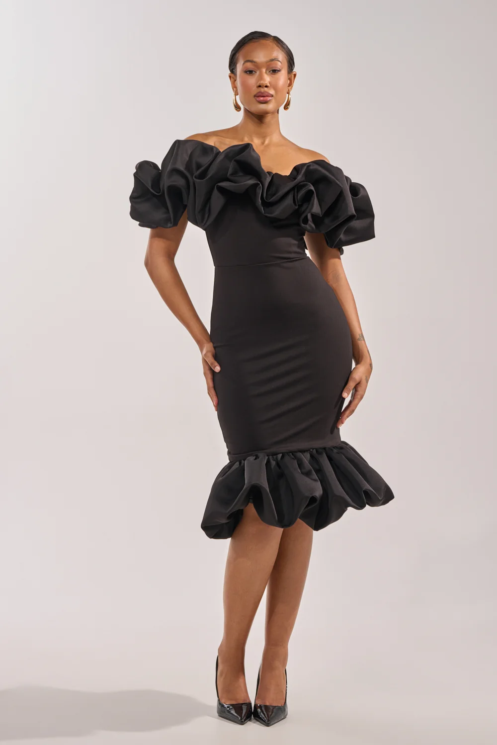 COCKTAIL HOUR PUFF SLEEVE MIDI DRESS - Akira Store