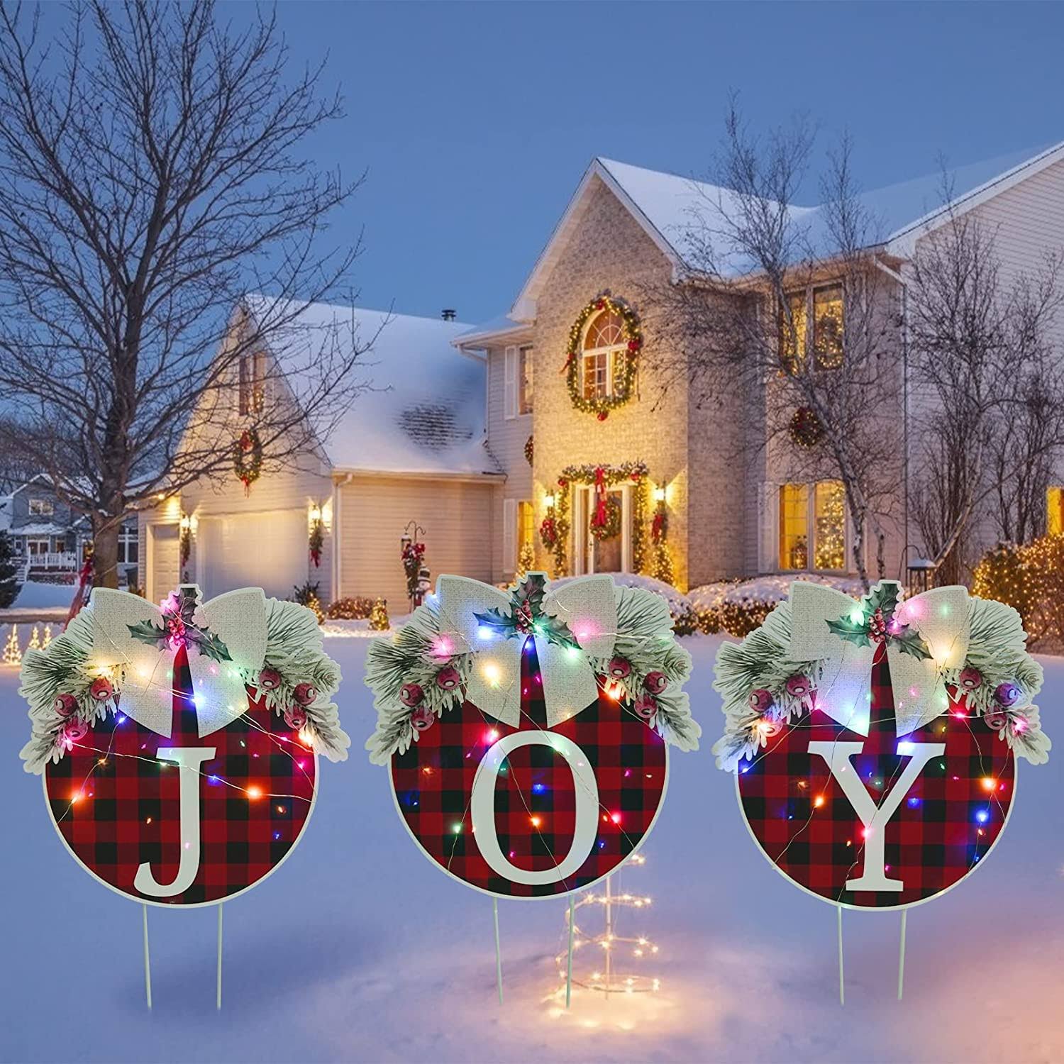 Kaboer 3 Pcs Christmas Decorations Outdoor Yard Signs,Buffalo Check Plaid Design with LED Lights String,Xmas Holiday Lawn Garden Decorations