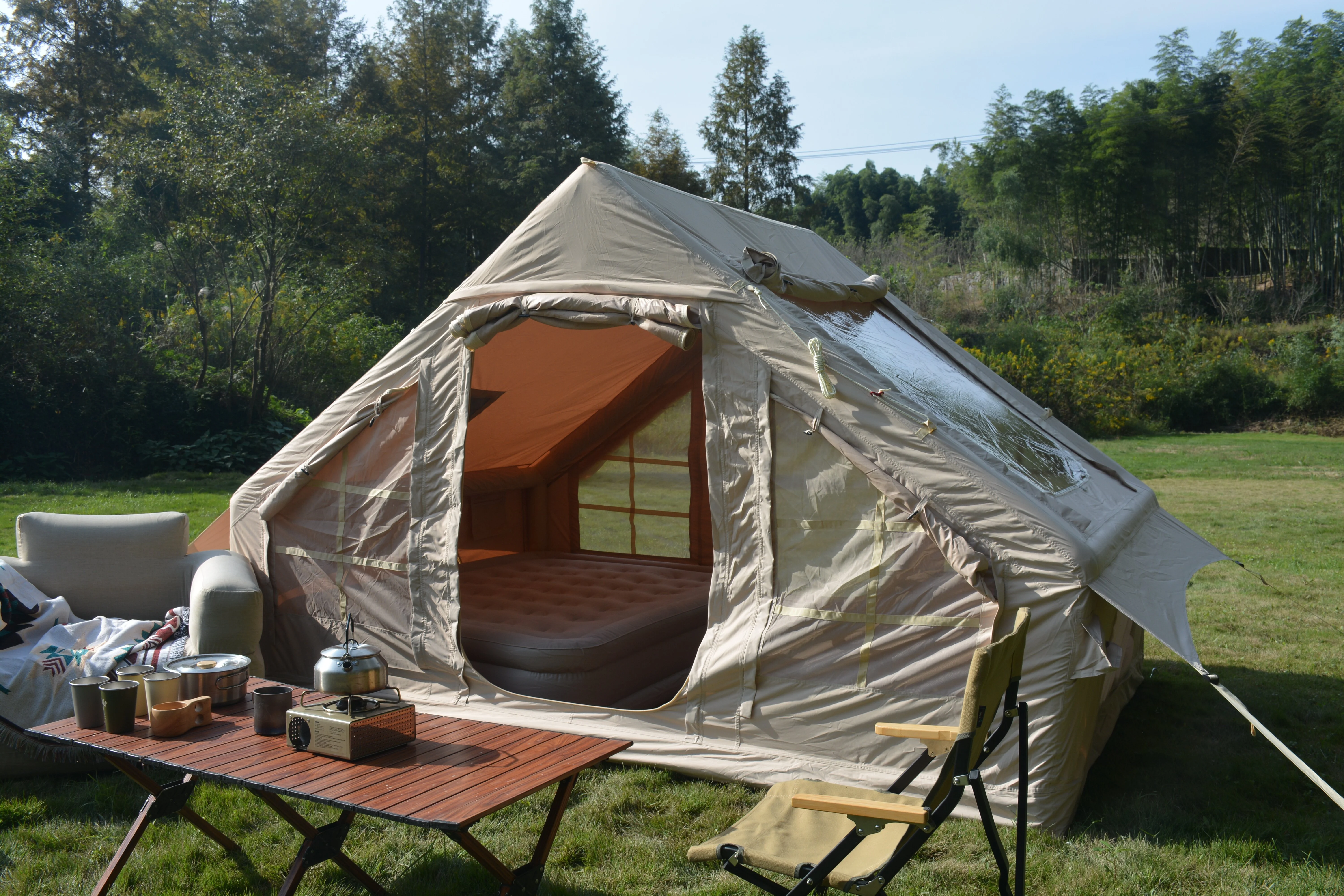 Inflatable Camping Tent Easy Setup 4 Season Glamping Tent 4-6 Persons Waterproof Windproof Outdoor Self-Supporting Blow up Tent Air Tent Portable House Beige - Image 3