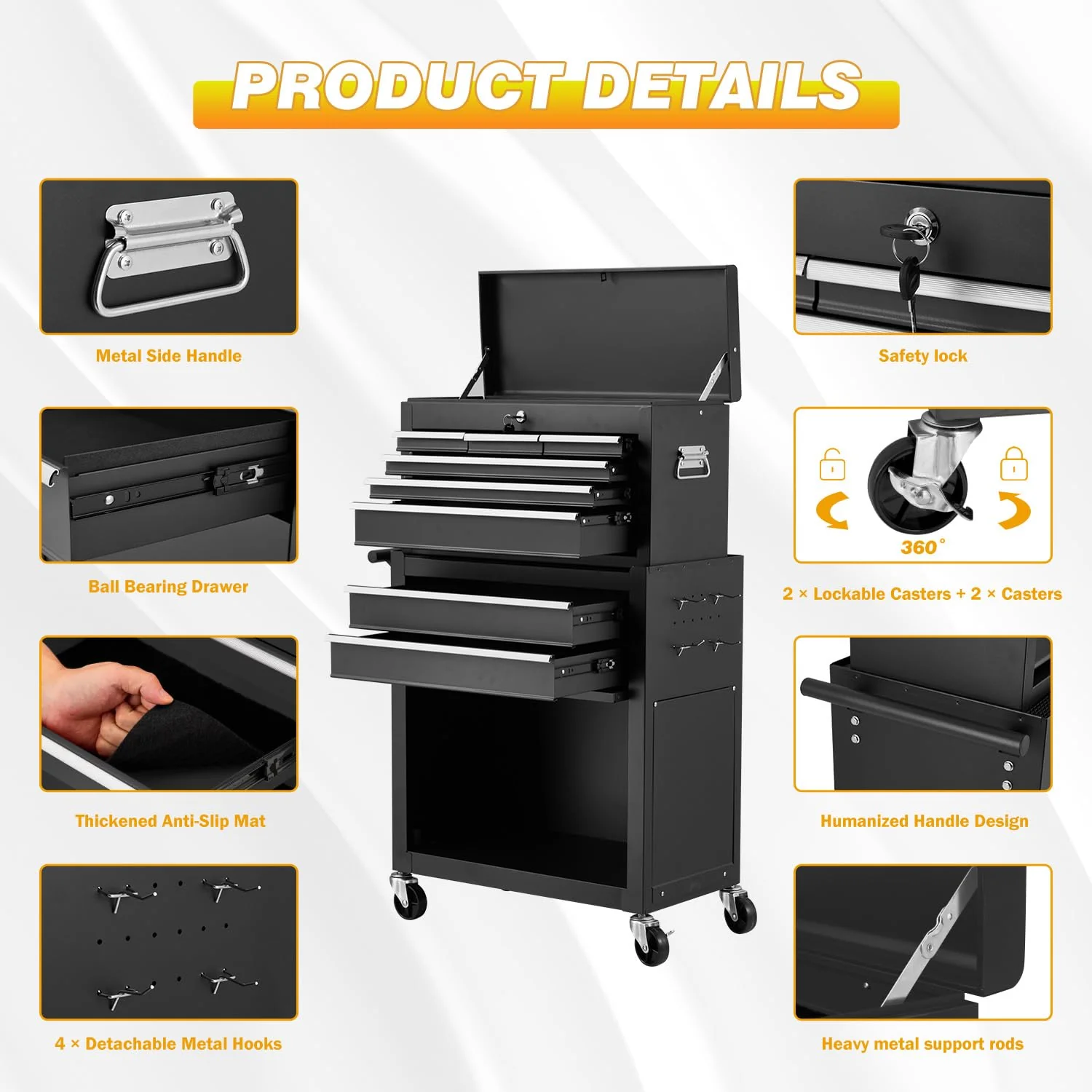 AECOJOY Rolling Tool Chest with Wheels and  8 Drawers, Detachable Metal Tool Box with Drawers