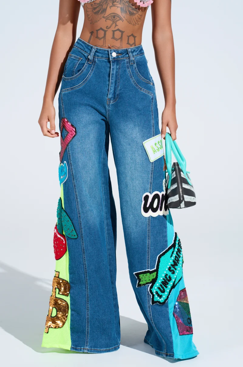 NOT SORRY PATCHWORK MEDIUM BLUE DENIM JEANS - Akira Store
