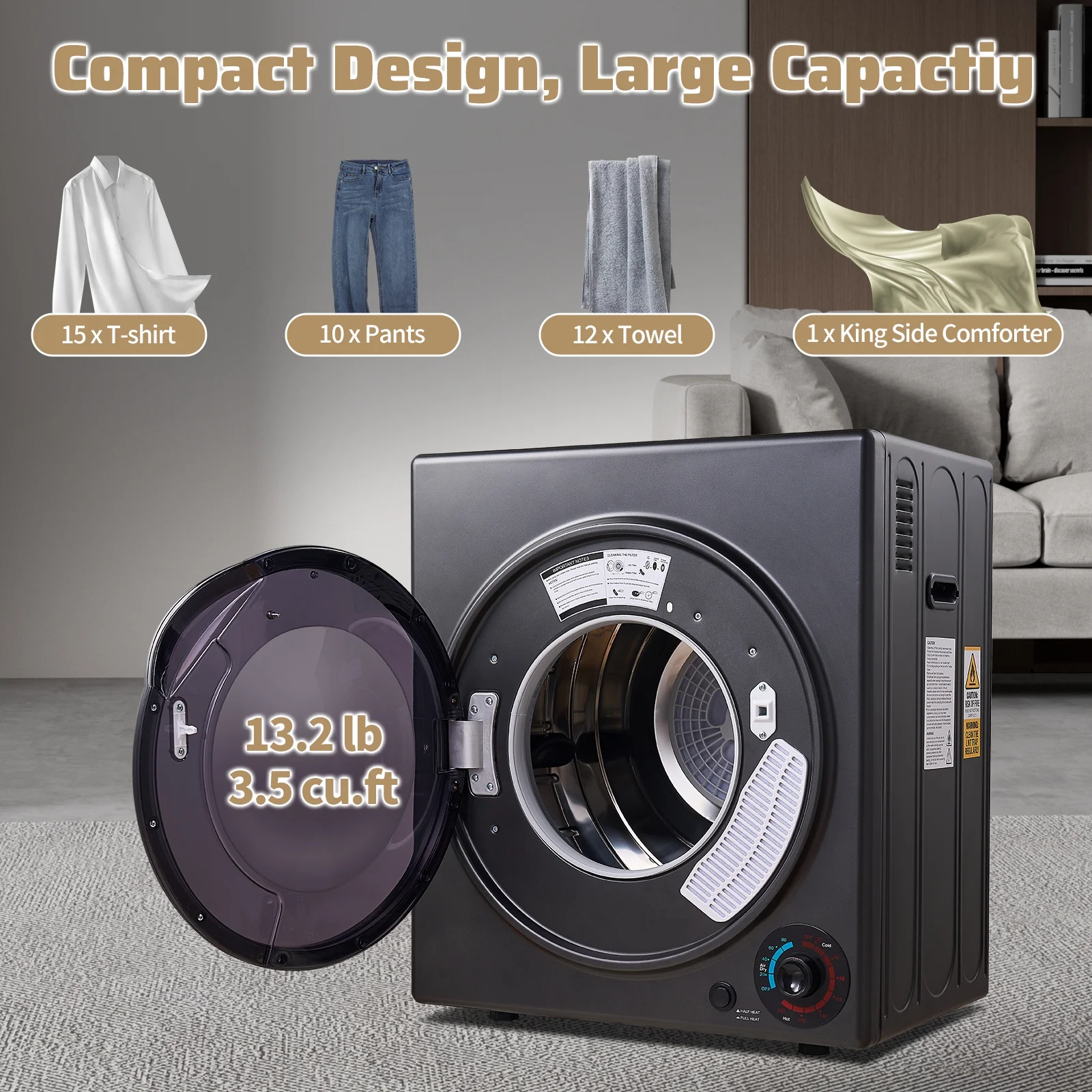 Portable Dryers for Laundry 1500W, 3.5 cu.ft Compact Dryer with Stainless Steel Tub, 4 Drying Mode, Apartments, RVs, Dorms - Image 6