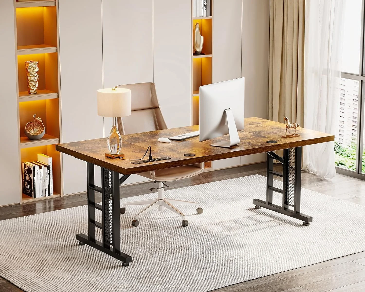 Coleshome 71 in Executive Desk with USB Ports, Large Computer Desk with Extra Thick, Long Mordern Office Desk, Workstation Business Furniture for Home Office, Vintage