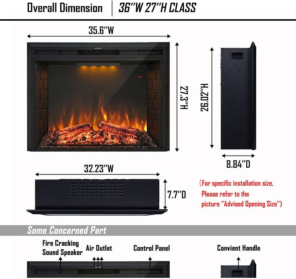 36'' Electric Fireplace Insert, Retro Recessed Fireplace Heater with Fire Cracking Sound, Remote Control & Timer, 750/1500W, Black