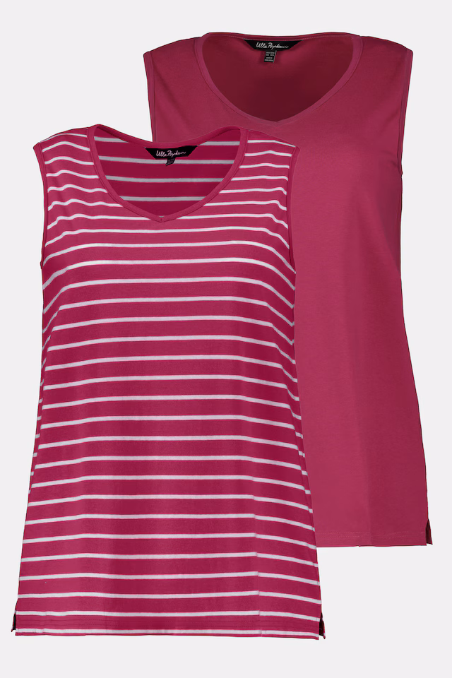 2 Pack of V-Neck Cotton Knit Tanks - Stripe, Solid
