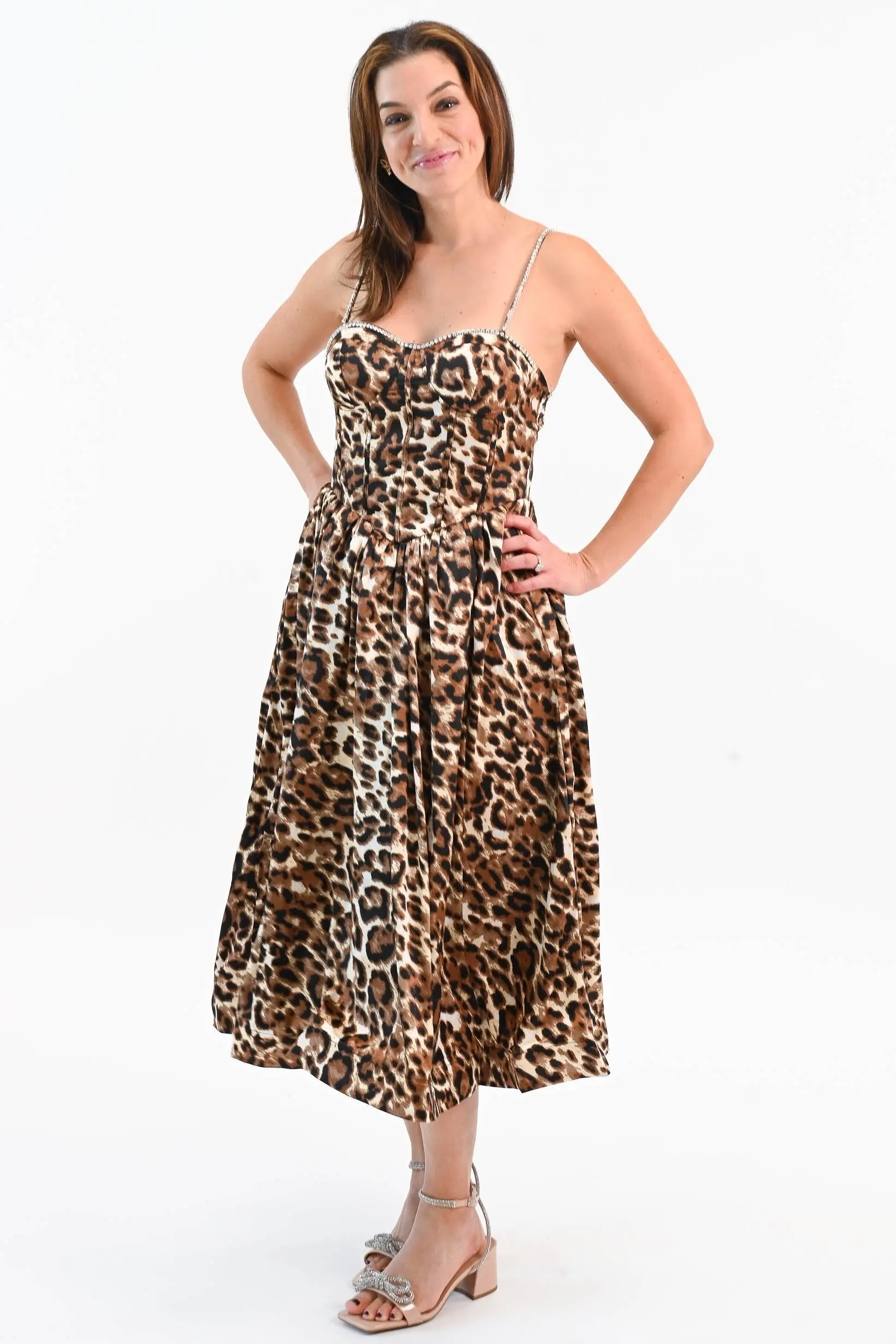 That Don't Impress Me Much Leopard Midi Dress with Rhinestone