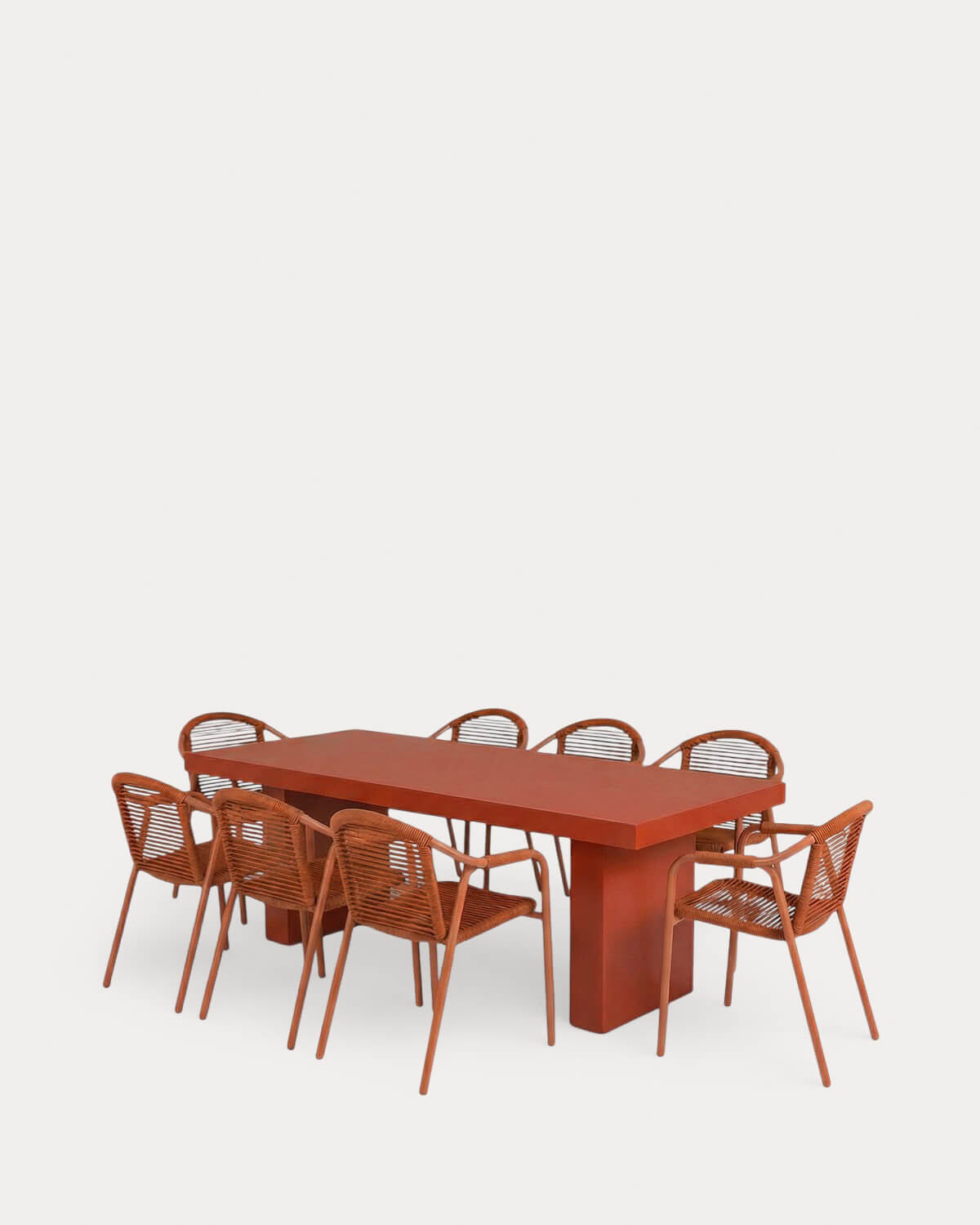 Set Itxaso - Murna - Set de Mesa Rectangular de Cemento (245x110 cm) Itxaso y 8 Sillas con Reposabrazos de Metal y Cuerda Murna de Exterior