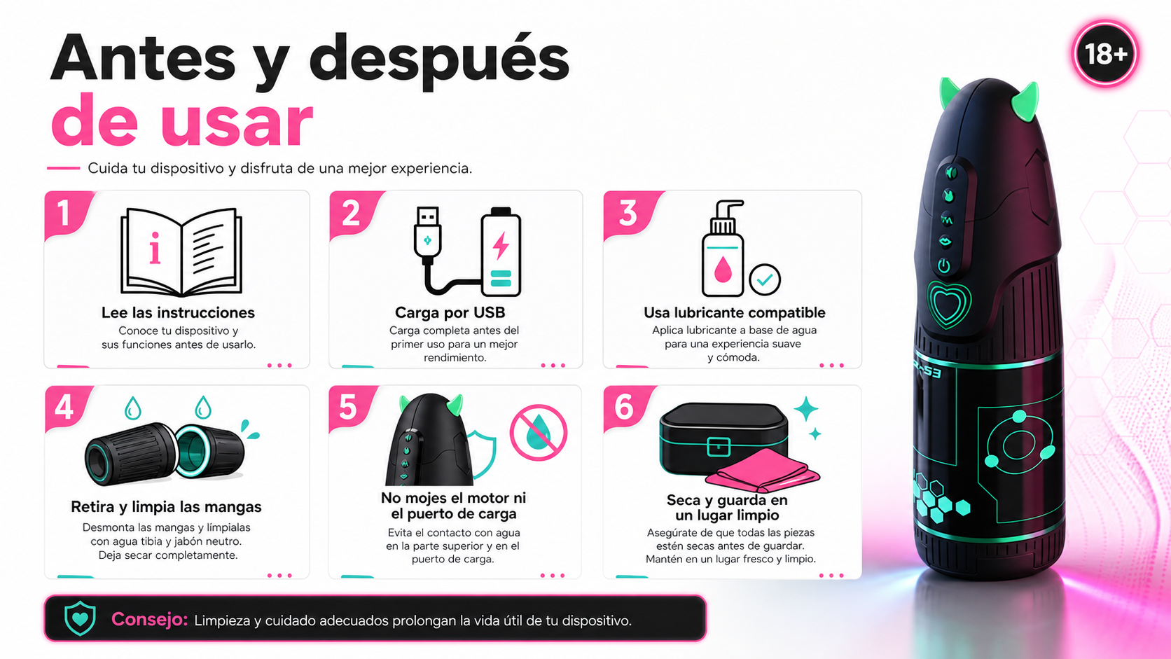 Vista de producto YUU Little Devil APP con carcasa negra y detalles luminosos