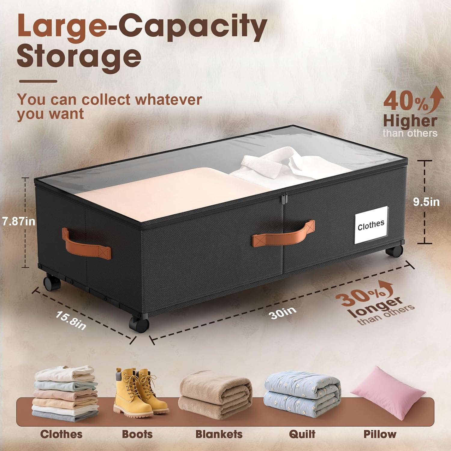 Eastherry Under Bed Storage Containers with Wheels, 9.5 inches Higher Underbed Drawers for Shoes, Blankets, Clothes, Toys, for College Dorms, Bedrooms, Nursery Rooms Organization, 2 Pack to be Assembled