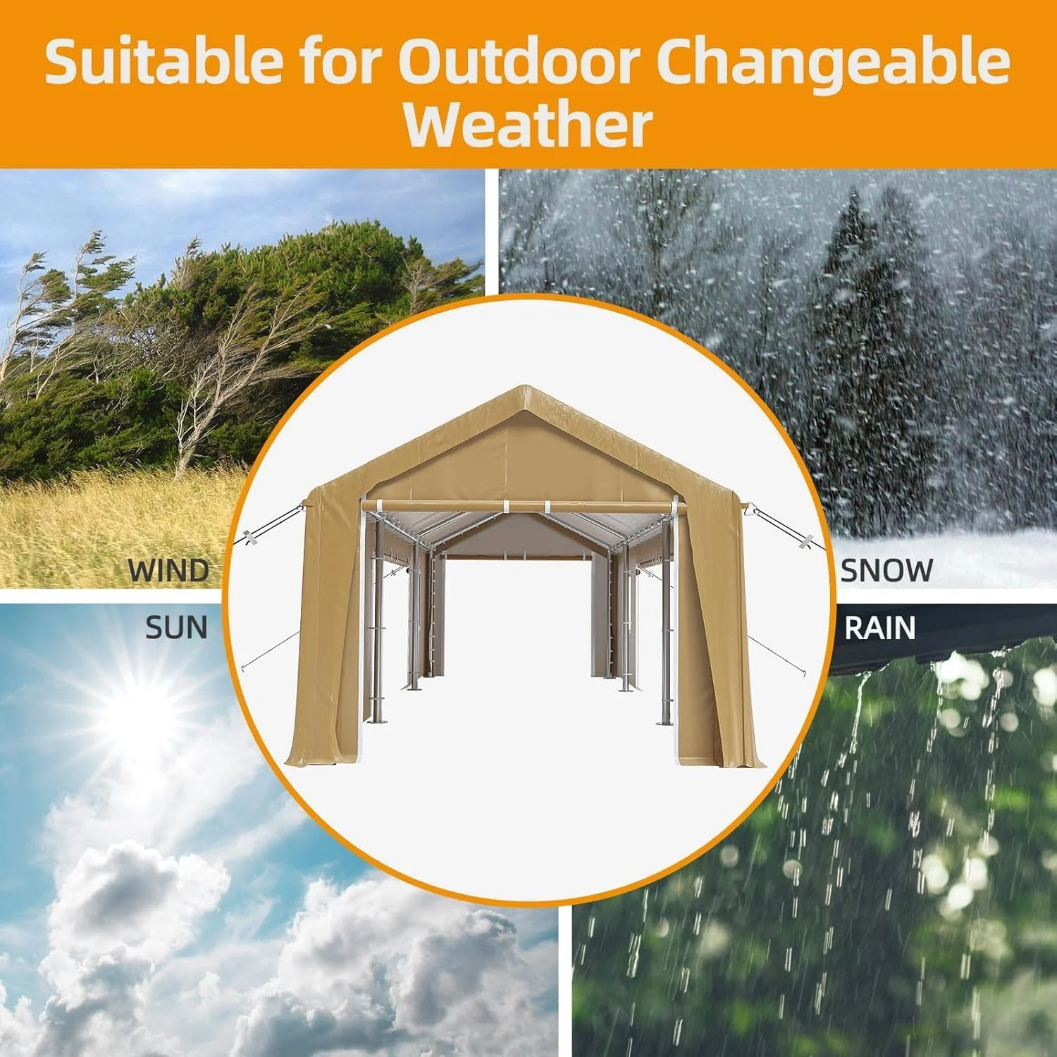 12x20 Heavy-Duty Carport Canopy Tent with 4 Roll-Up Doors 4 Windows Waterproof UV-Protected Powder-Coated Steel Frame Removable Sidewalls Khaki(12' x 20'/Khaki) - Image 3