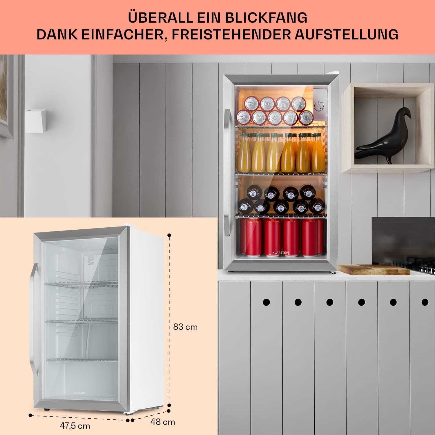 Klarstein Mini Koelkast met Glazen Deur voor Kamer, Drankenkoelkast met Verstelbare Planken, Klein 80 Liter, Indoor/Outdoor Koelkast Stil