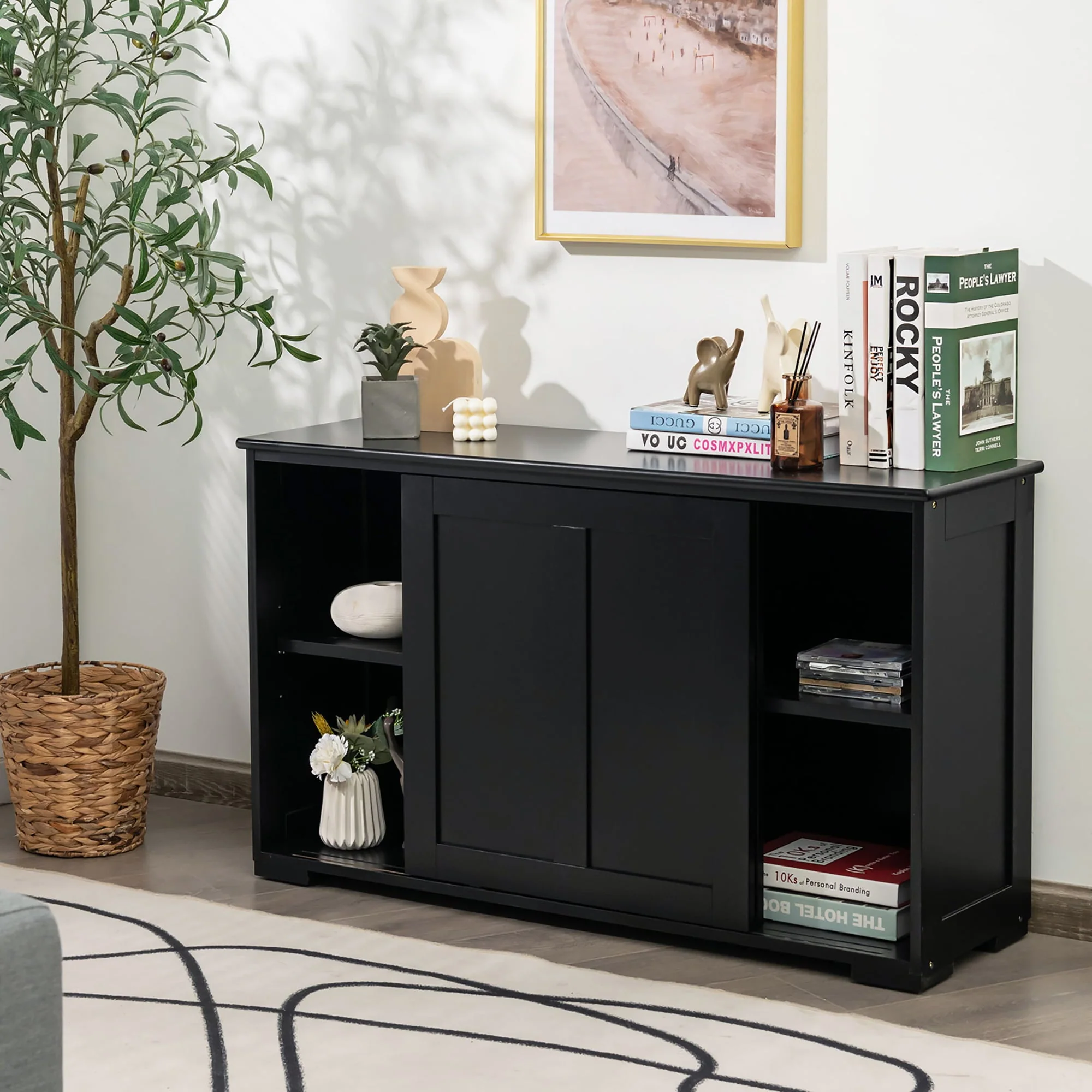 Costway Kitchen Storage Cabinet Sideboard Buffet Cupboard Wood Sliding Door Pantry Black
