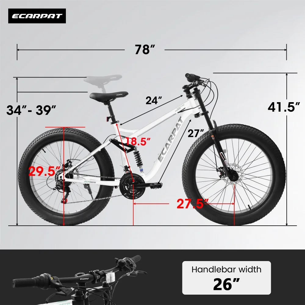26 inch Mountain Bike for Men, 26*4" Fat Tire Mountain Bicycles,Full-Suspension 21-Speed Drivetrain with Disc Brakes(Teen) - Image 9