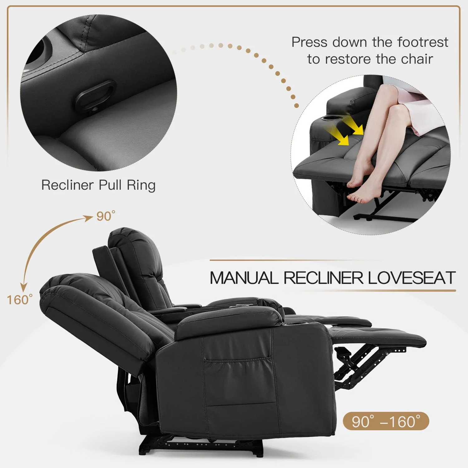 AECOJOY Recliner Loveseat with Console&Bluetooth Speakers, Manual RV Reclining Sofa, Black