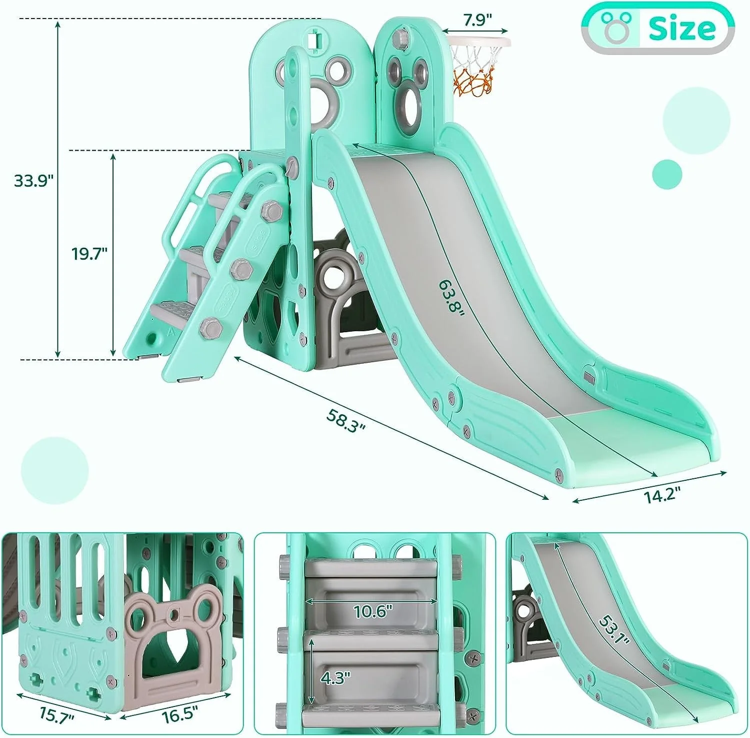 Sturdy Kids Slide, 4 in 1 Toddler Slide and Climber Playset with Basketball Hoop Storage Space, Non Slip Steps, Indoor Outdoor Toys for Boys Girls Image 3