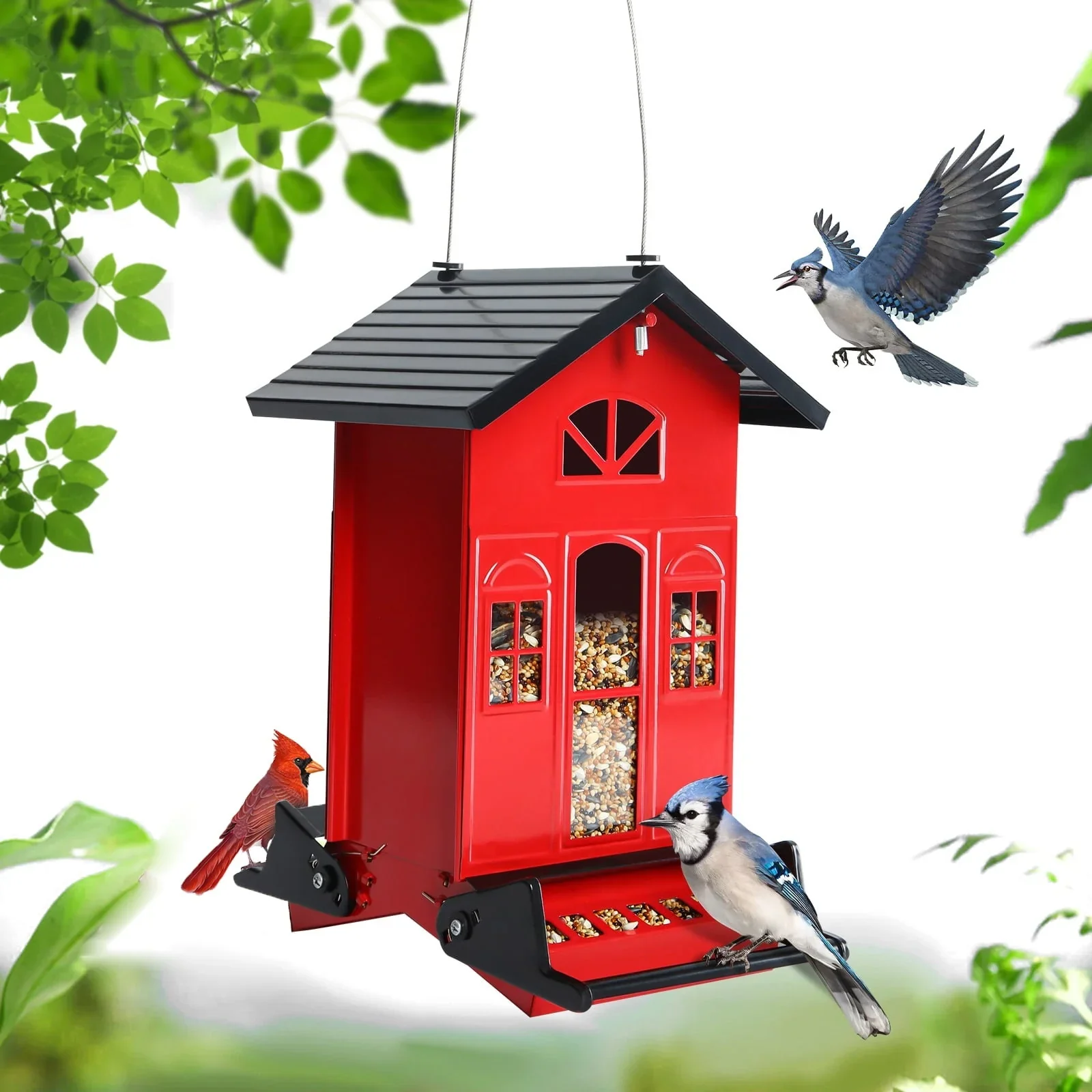 Birdkiss 5lbs Squirrel-Proof Wild Bird Feeder with Bilateral Weight-Activated Perches, 14 Feeding Ports, Outdoor Bird Feeder for Garden Yard Outside, Red