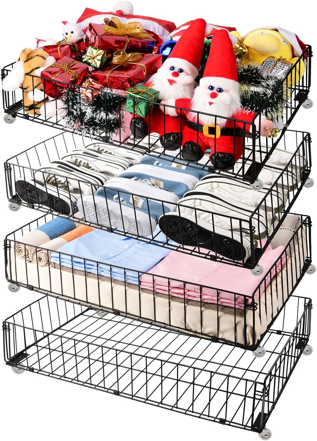 4 PACK Under bed Storage Containers With Wheels, Under bed Basket, Rolling Under Bed Drawer Organizer For Shoes Clothes Books Toys Blankets,