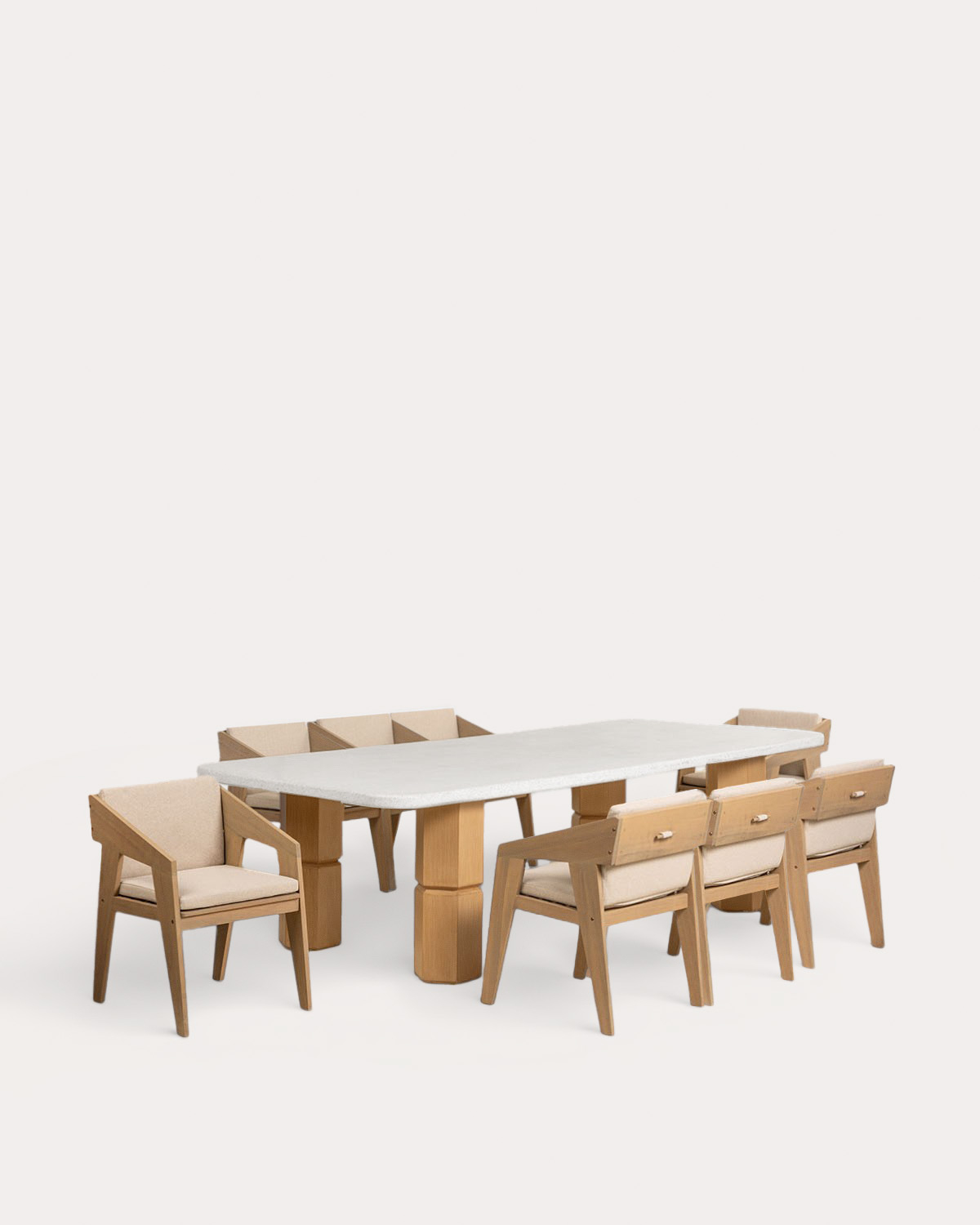 Set Ixiar - Tanon - Set de Mesa Rectangular de Terrazo (270x120 cm) Ixiar y 8 Sillas con Reposabrazos de Madera de Acacia Tanon de Exterior