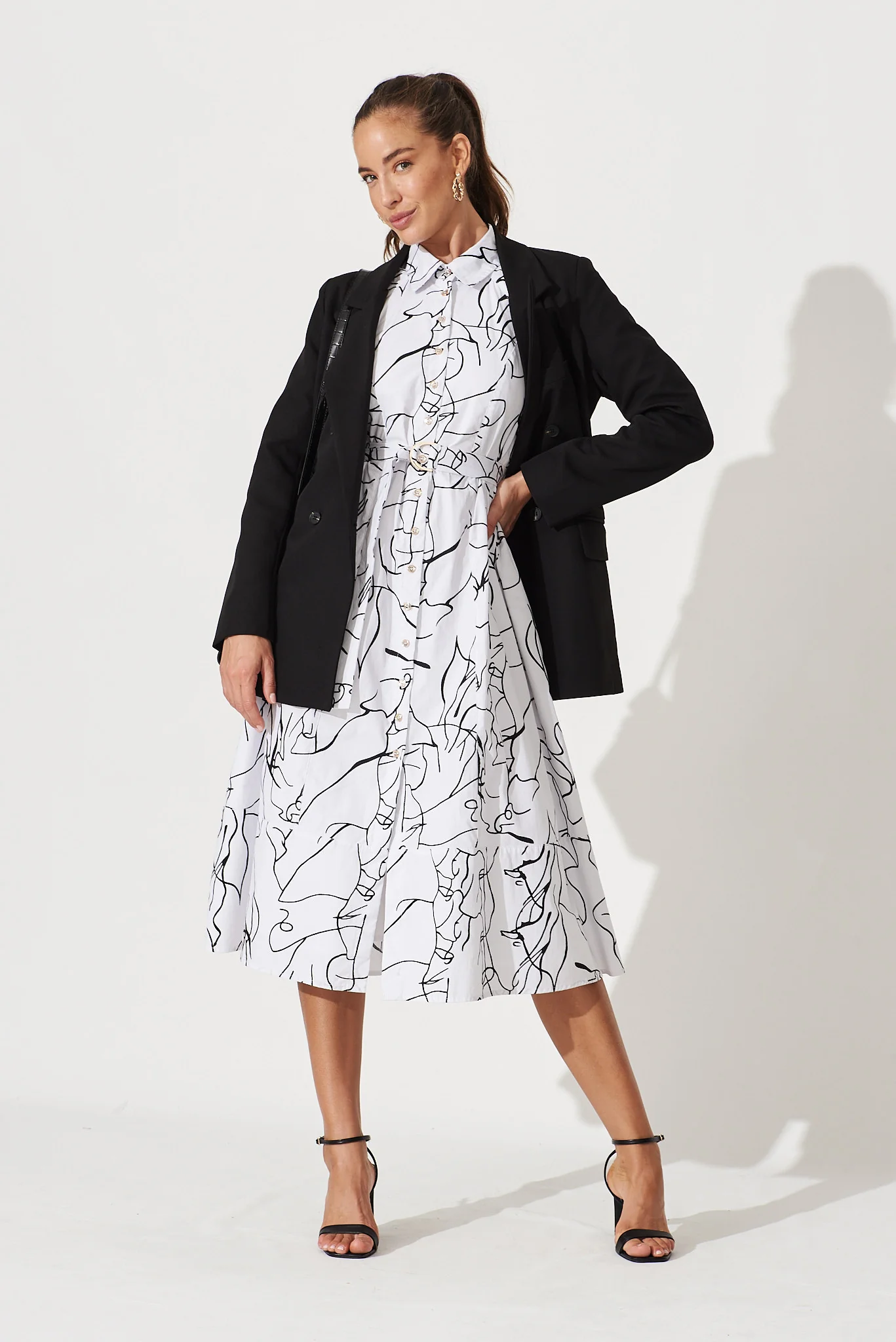 Jenna Midi Shirt Dress In White And Black Print Cotton