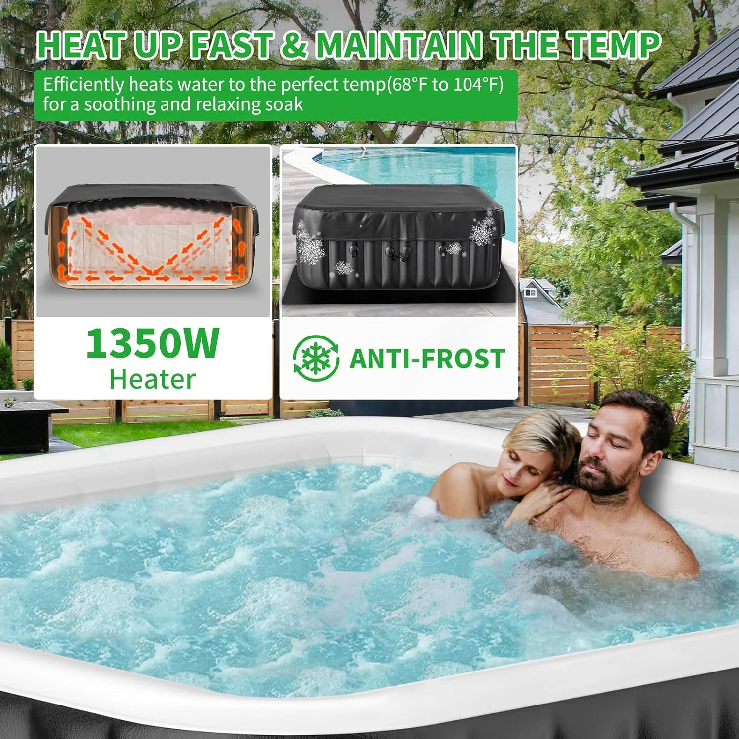 4-6 Person Inflatable Hot Tub, Square Blow Up Portable Hot Tub, Leak-Proof PVC Outdoor Spa with 130 Strong Air Jets, Heater Pump and Insulated Cover, 73�� X 73��X 25�� - Image 3