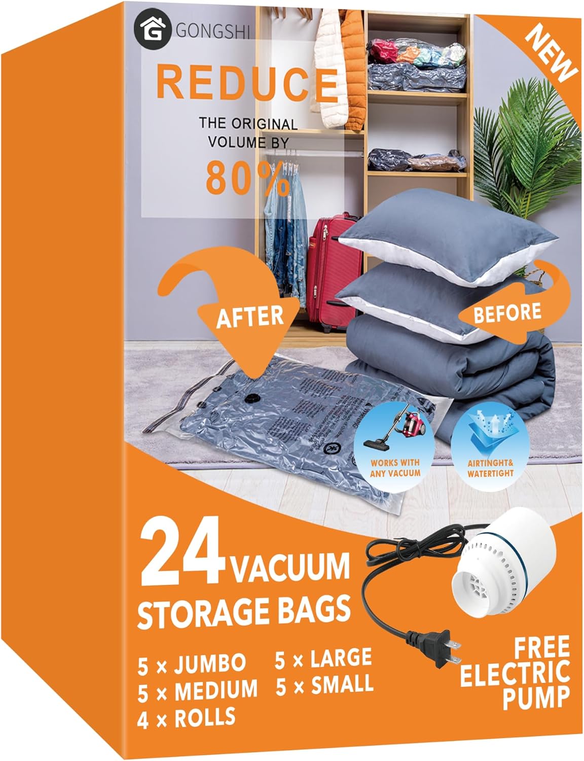 GONGSHI Vacuum Seal Bags for Clothing Travel & Home Storage, Travel Vacuum Bags with Pump, Space Saver for Blankets, Comforters, Pillows, Clothes, 24 Combo with Electric Pump