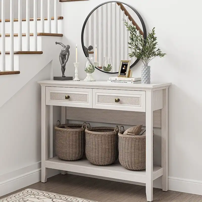 Bohemian Natural Rattan Console Table with Expanded Top and Dual Drawers