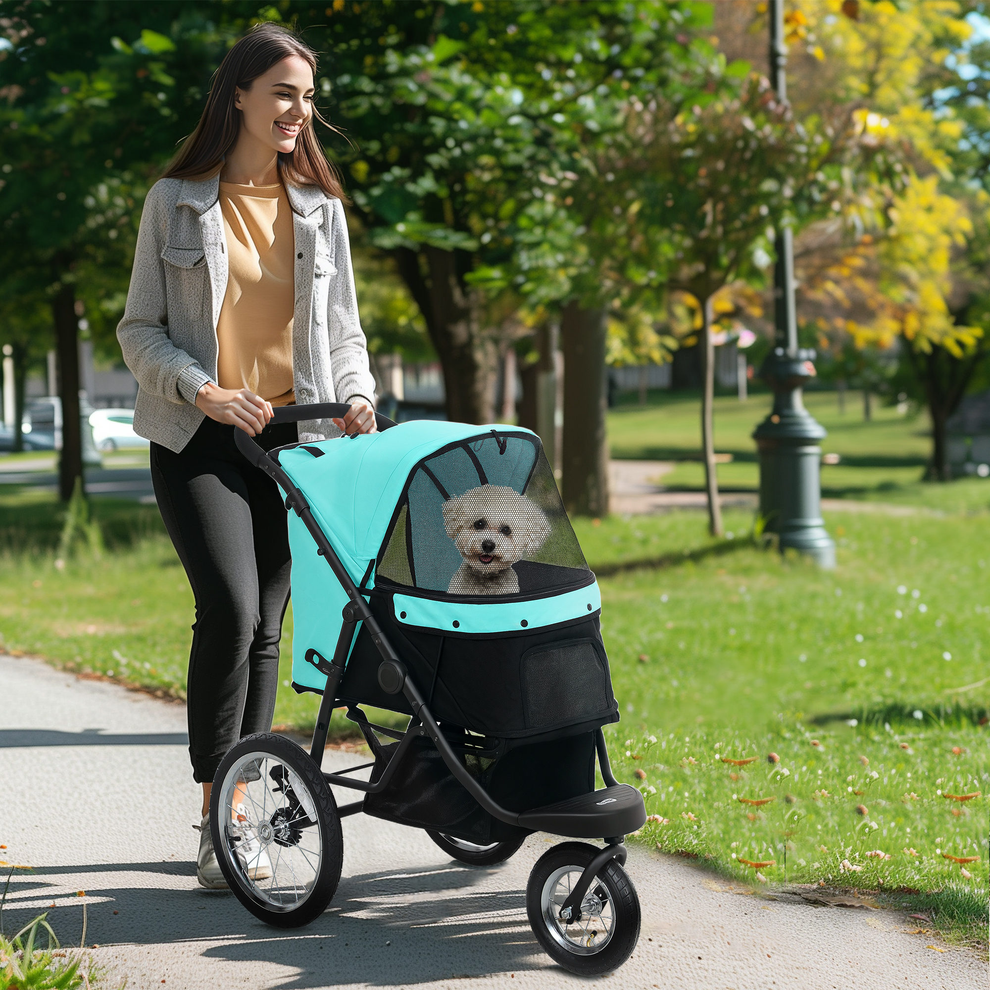 PawHut Hondenbuggy voor Kleine Honden en Katten - Met Opbergmand, Één-Klik Opvouwbaar Ontwerp, Turquoise