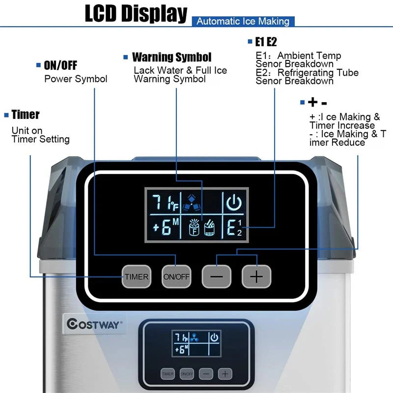 48LBS/24H Stainless Steel Countertop Ice Maker Machine with Self-clean Function Lcd Display Ice Scoop Basket
