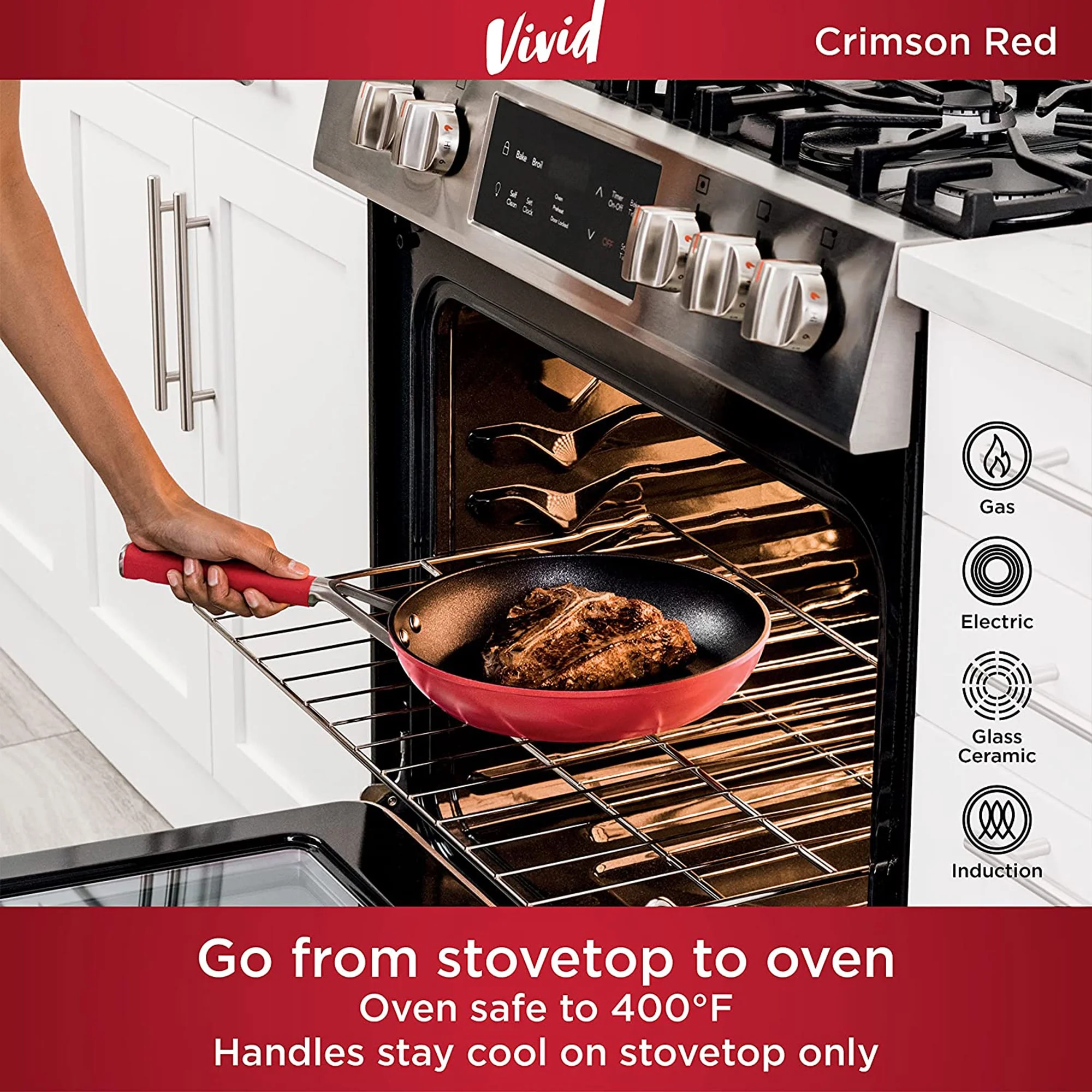 Foodi NeverStick Vivid Oven Safe 10 Piece Pots and Pans Cookware Set(Red) - Image 4