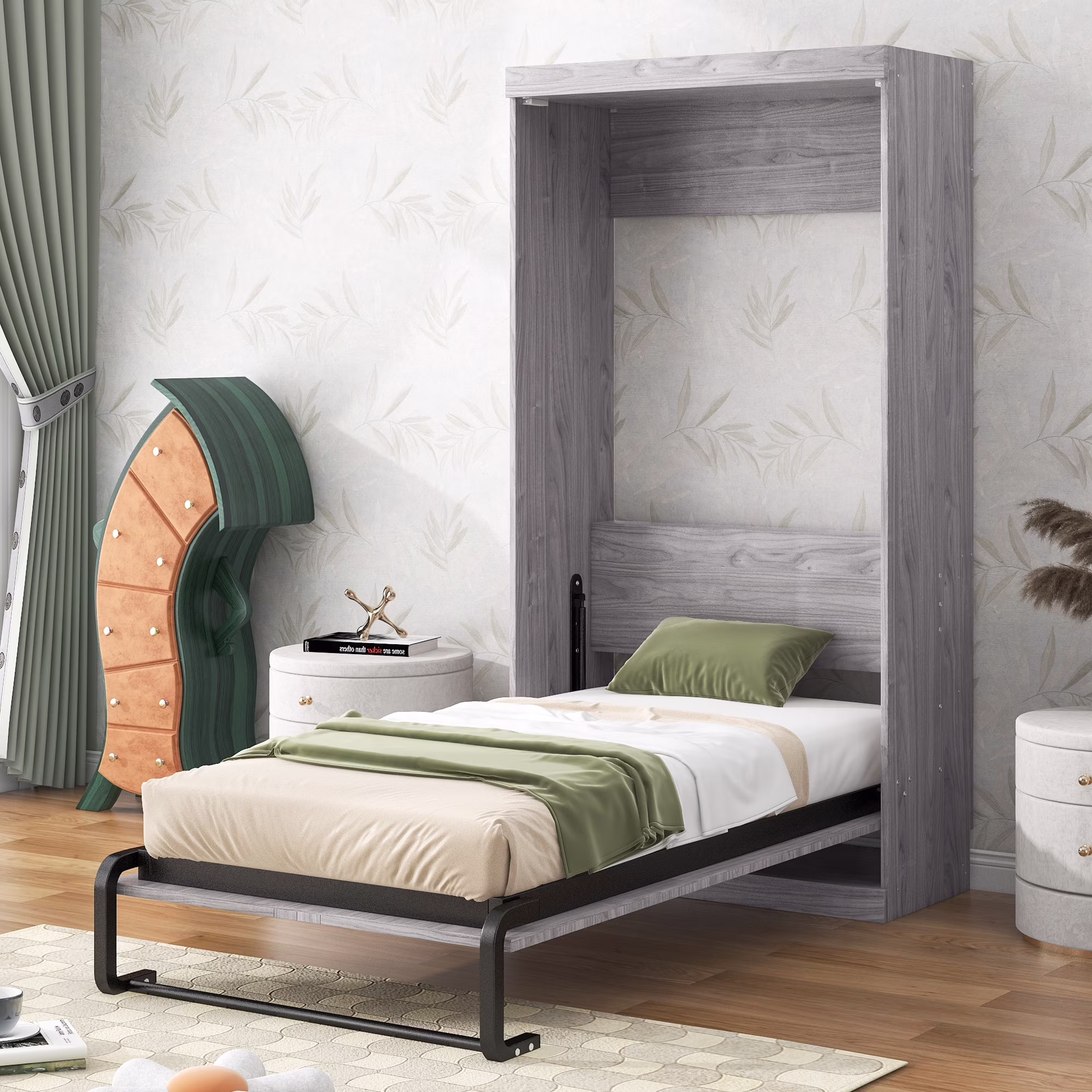 Euroco Pine Wood Twin Size Murphy Bed, Convertible Wall Bed Into A Cabinet, Gray