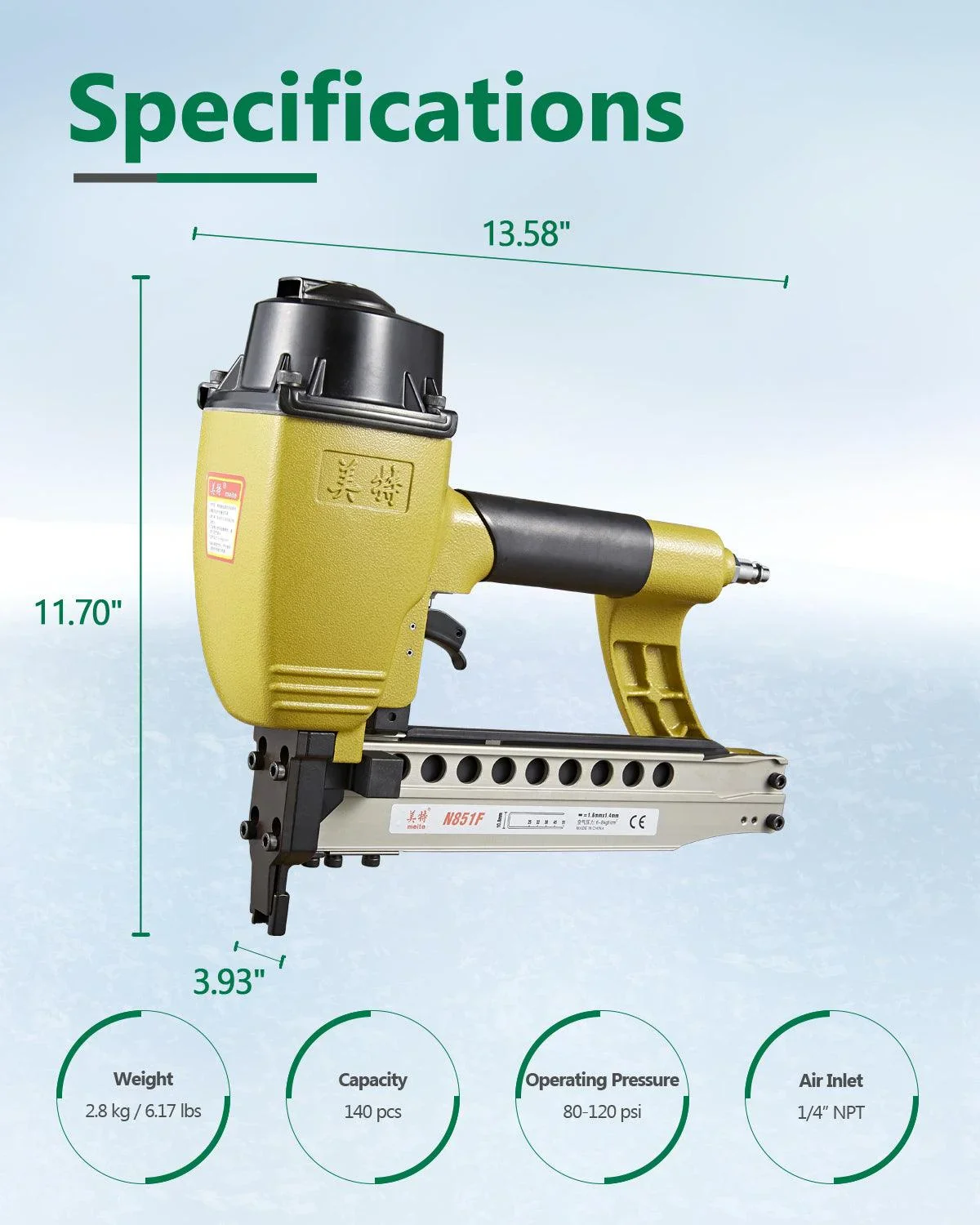 meite N851F Pneumatic Staple Gun 16 Gauge 7/16 Crown Sequential Nailing, Uses 16 GA 7/16-Inch Staples (1-Inch to 2-Inch)