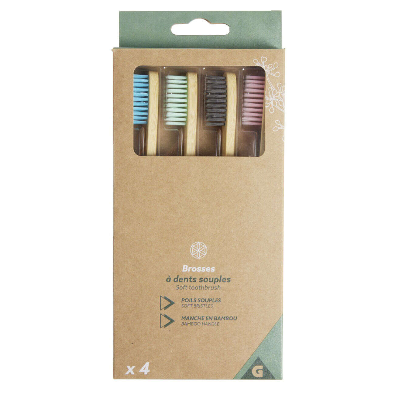Lot de 4 brosses à dents souples poils nylon et manche bambou