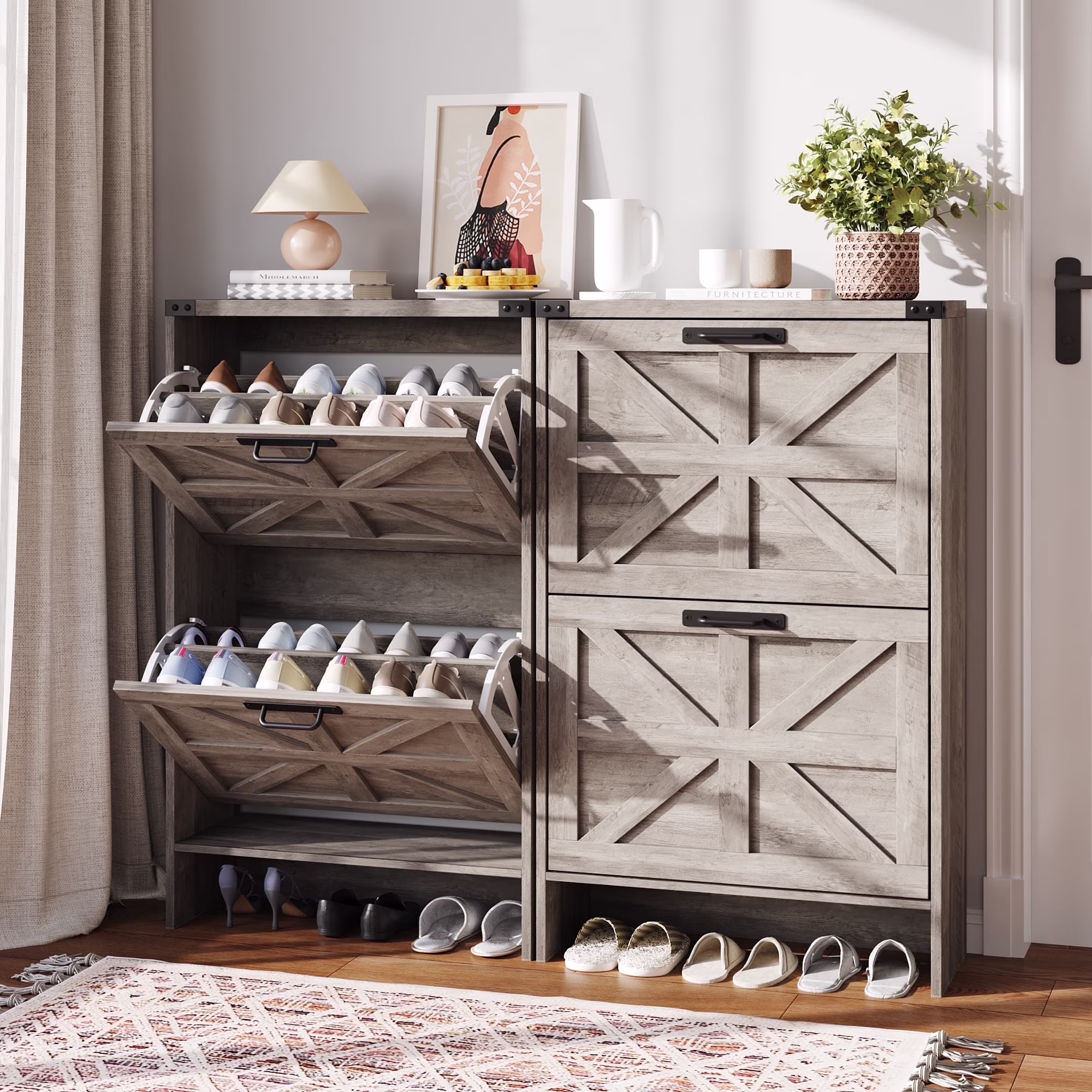 Shoes Storage Cabinet With Doors, Farmhouse Shoe Cabinet With 2 Flip Drawers For Entryway,Gray(White) - Image 5