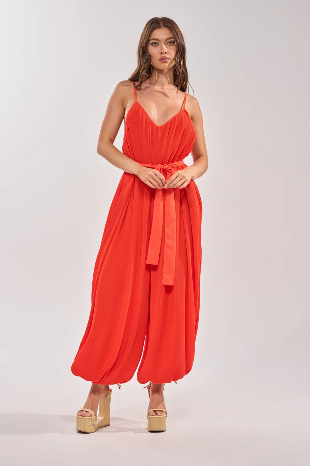 VACATIONING PLEATED JUMPSUIT IN ORANGE - Akira Store
