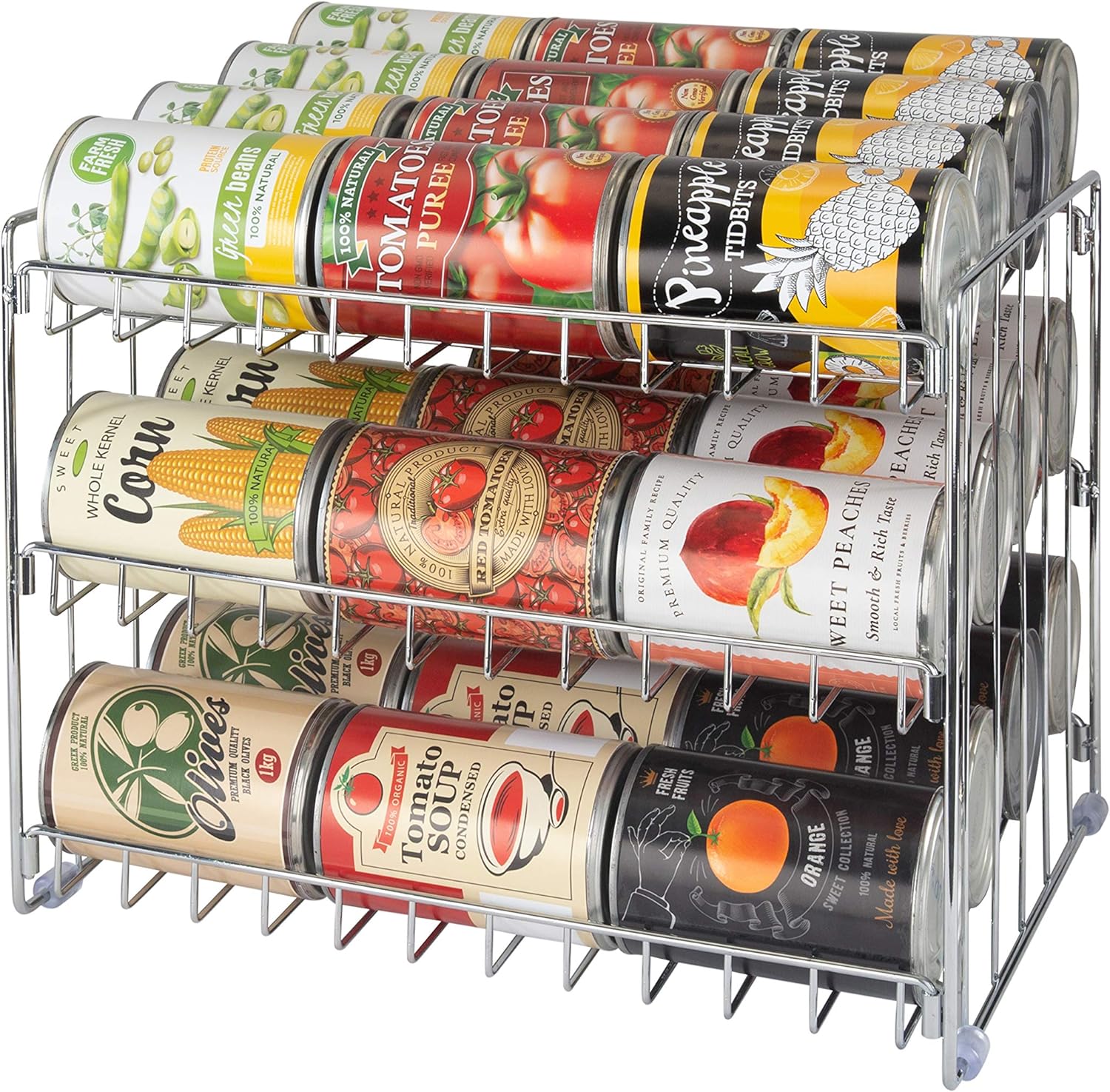 Kitchen Details 3 Tier Can Organizer| Chrome Steel Canned Food Storage Rack| Holds 36 Cans| Space-Saving Pantry & Cabinet Storage Solution| Easy Access to Canned Goods| Freestanding Design