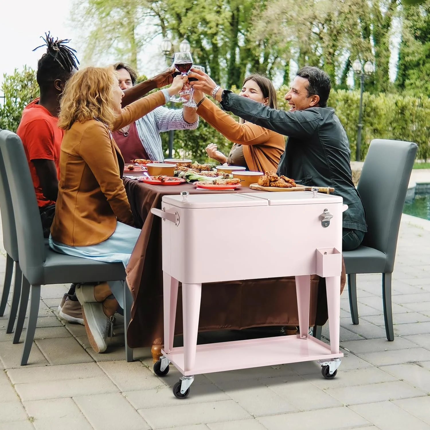 80 Quart Rolling Ice Chest, Portable Bar Drink Cooler with Catch Basin, Bottom Storage Tray and Bottle Opener for Patio Party BBQ Beach Activities(Pink) - Image 9
